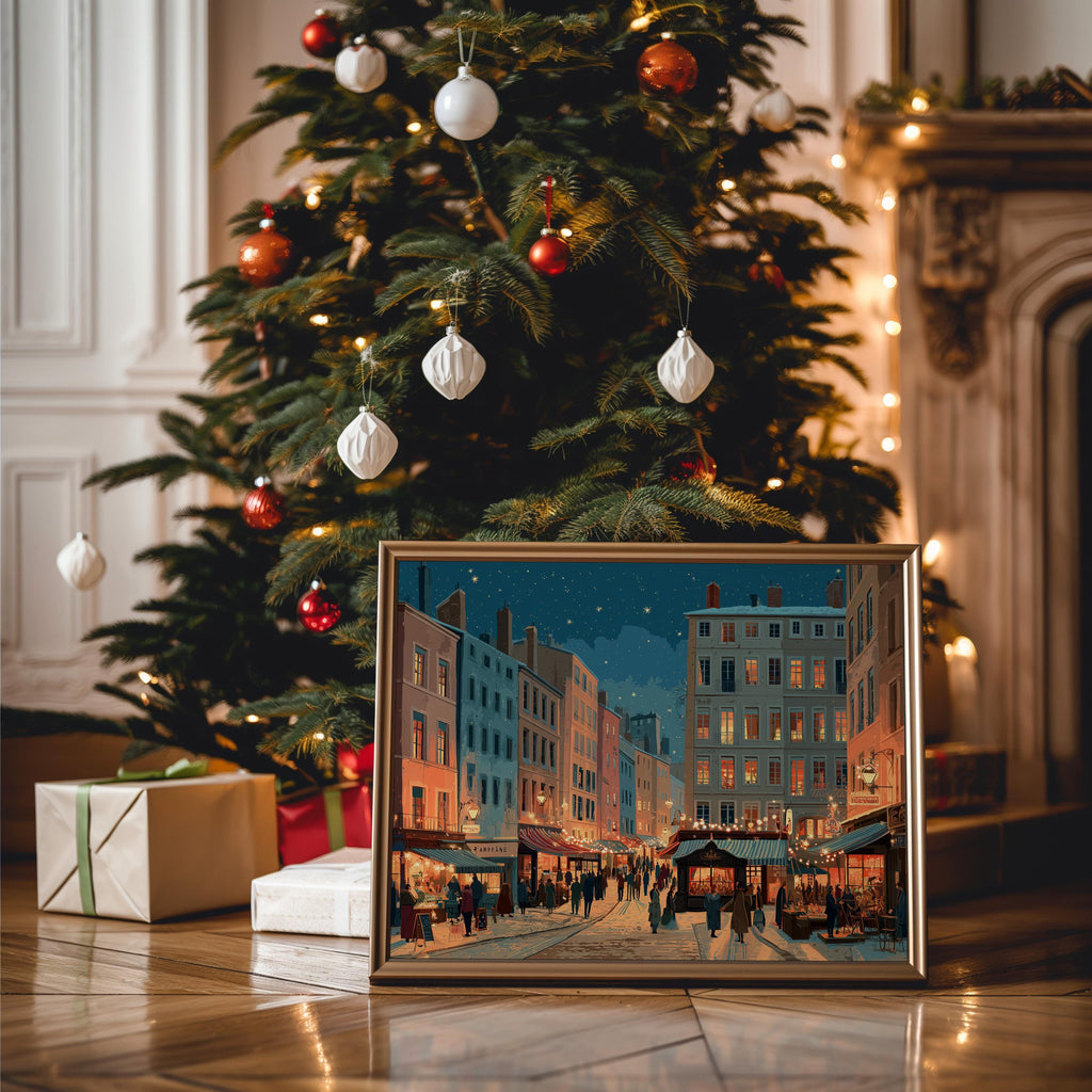Lyon France Christmas Wall Art, Custom Large Travel Poster Print, World Location Painting