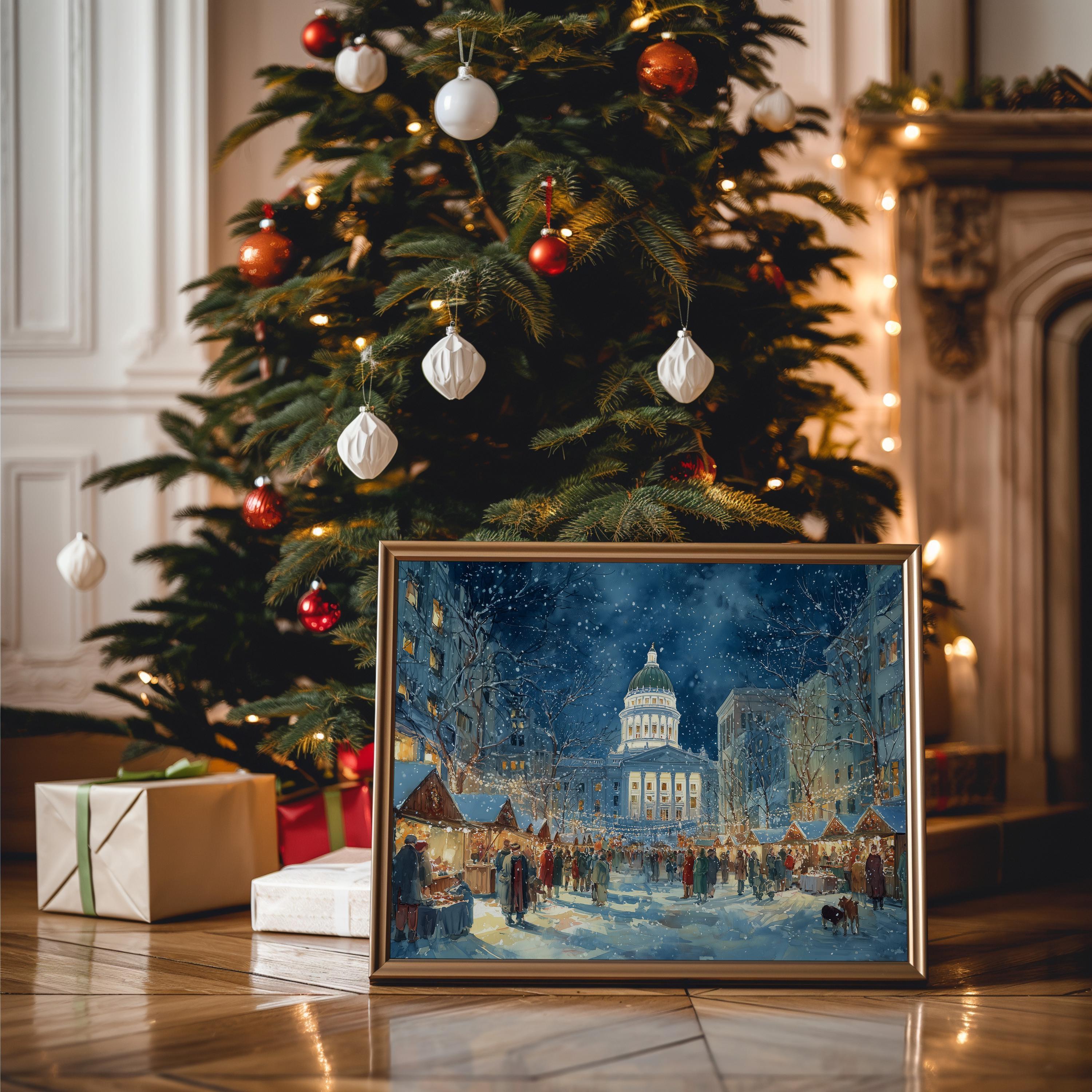 Madison Wisconsin Christmas Wall Art, Custom Large Travel Poster Print, World Location Painting