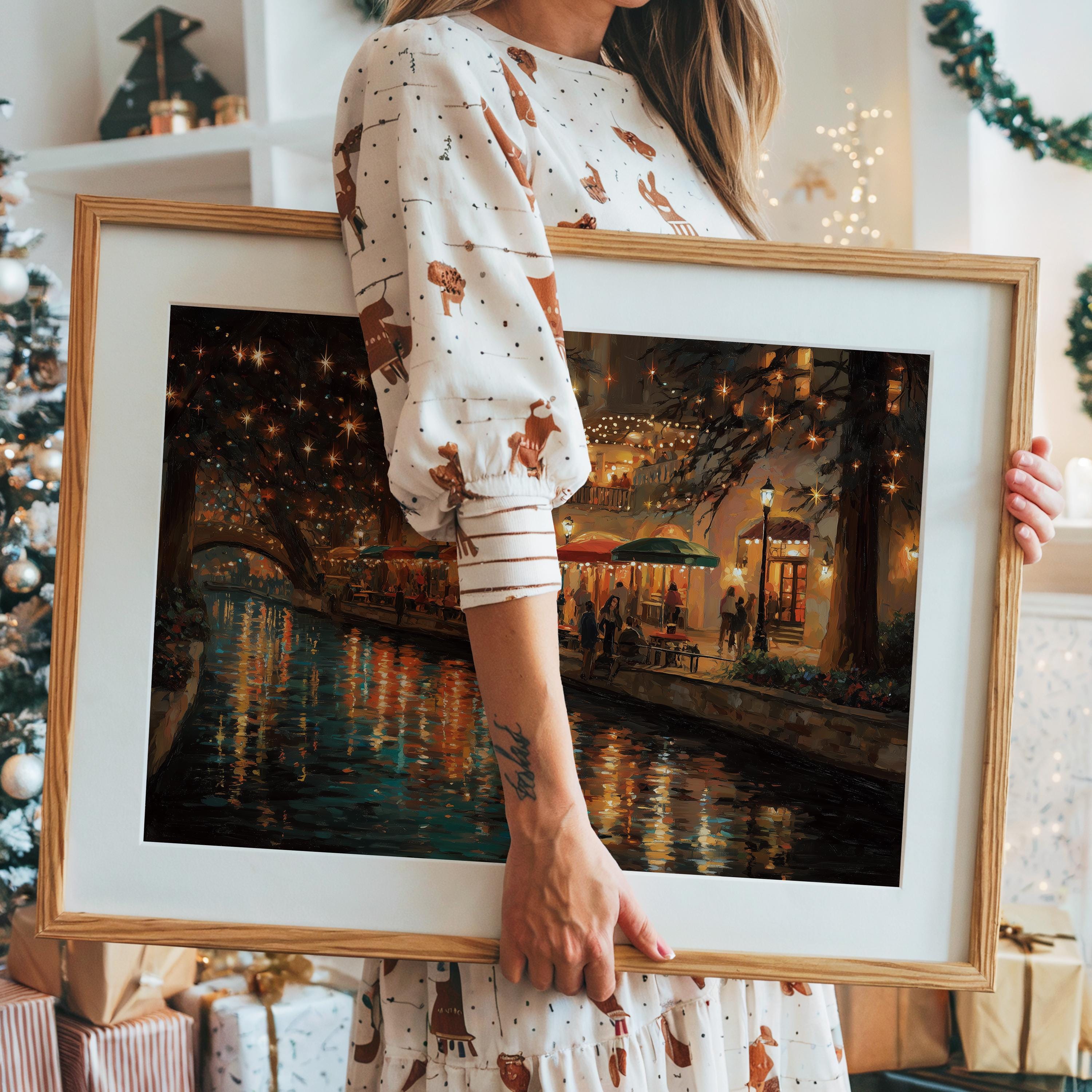 San Antonio Texas Christmas Wall Art, Custom Large Travel Poster Print, World Location Painting