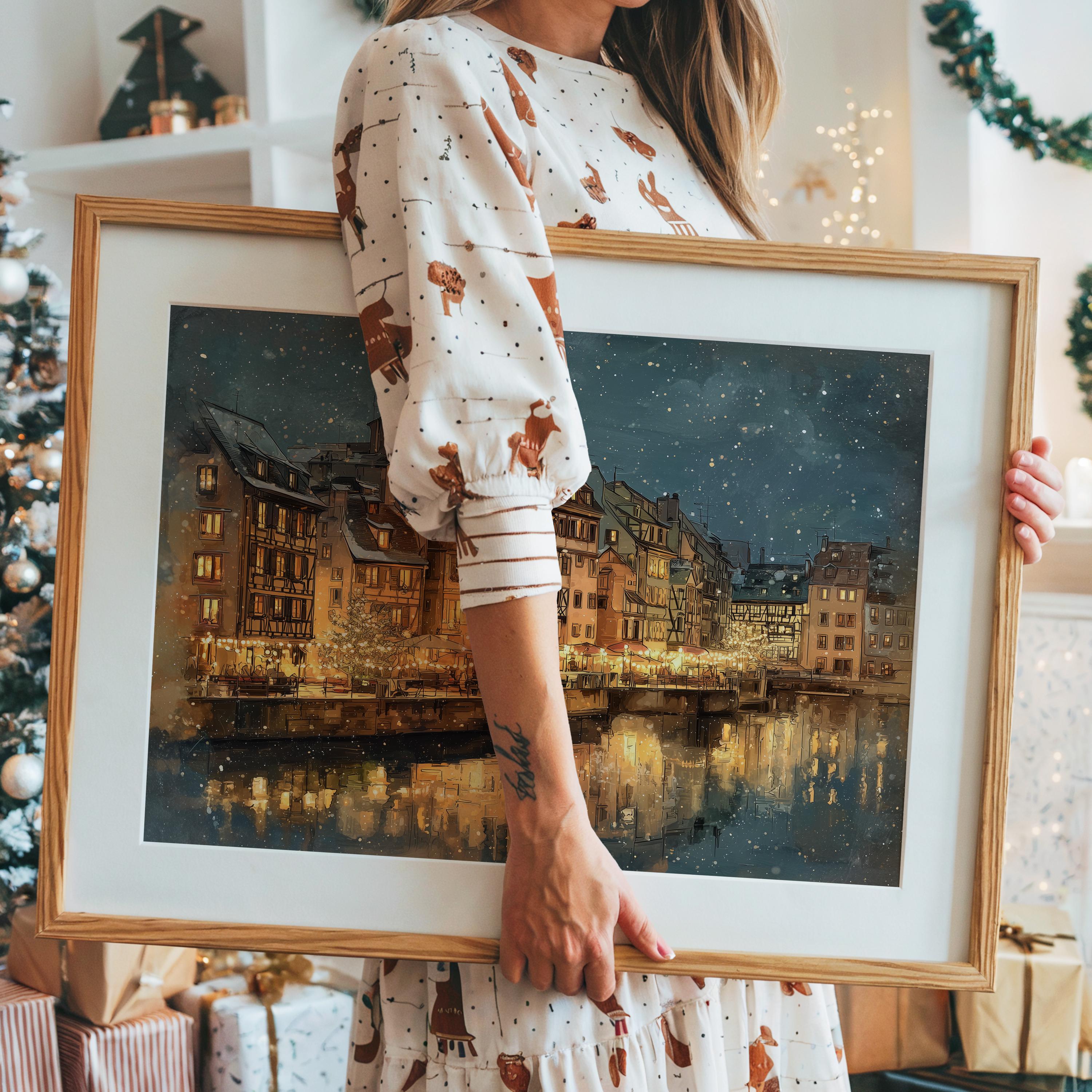 Strasbourg France Christmas Wall Art, Custom Large Travel Poster Print, World Location Painting