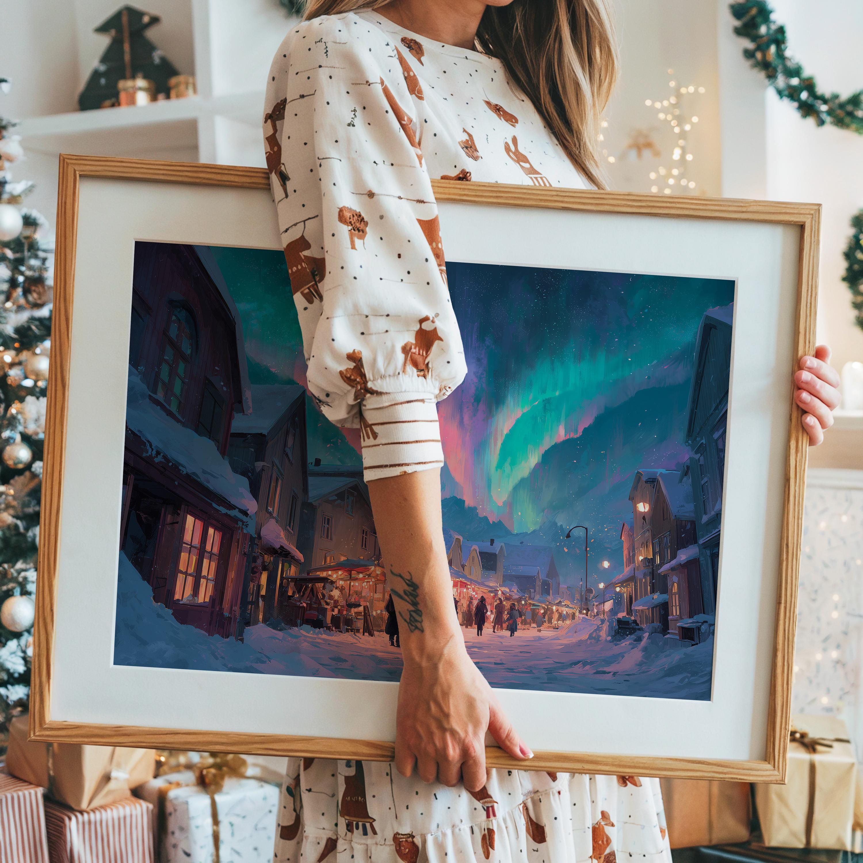 Tromso Norway Christmas Wall Art, Custom Large Travel Poster Print, World Location Painting