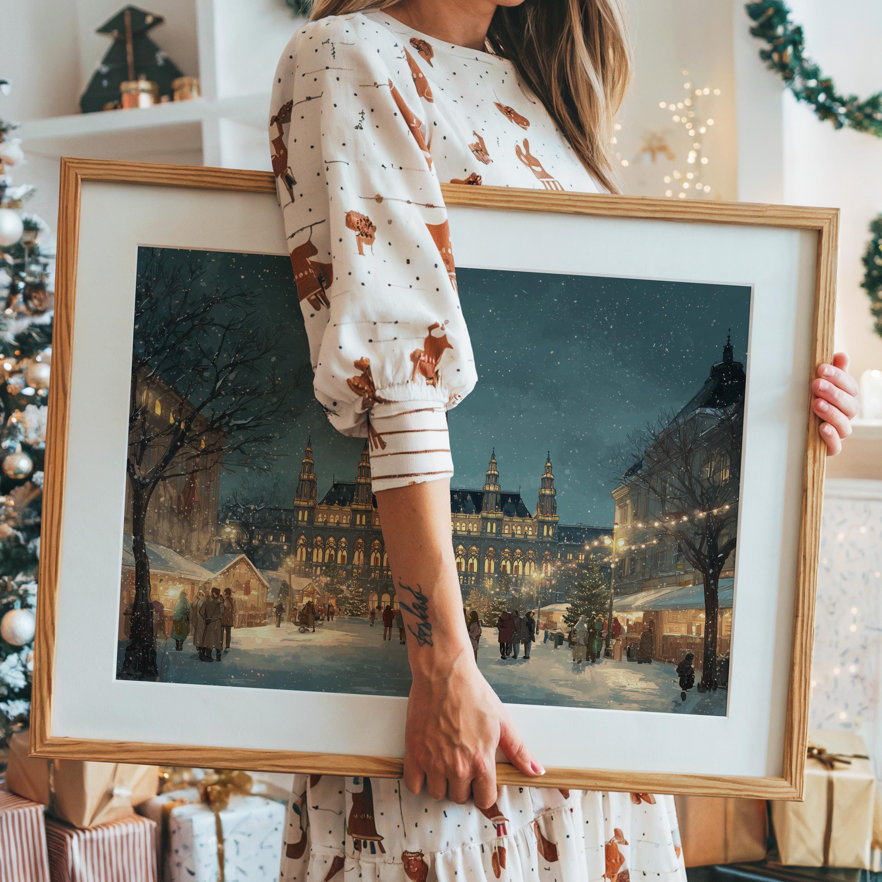 Vienna Rathausplatz Christmas Wall Art, Custom Large Travel Poster Print, World Location Painting