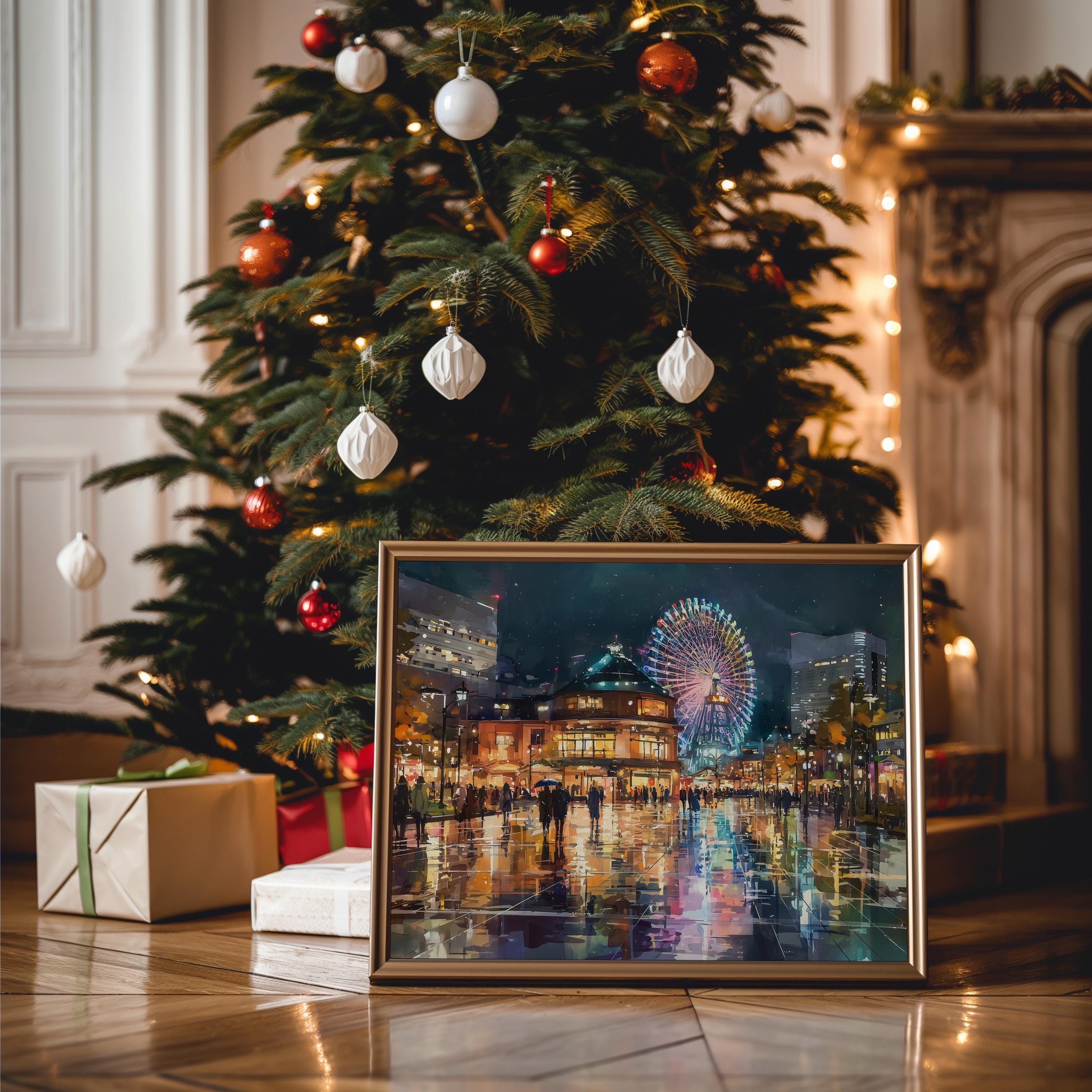 Yokohama Japan Christmas Wall Art, Custom Large Travel Poster Print, World Location Painting