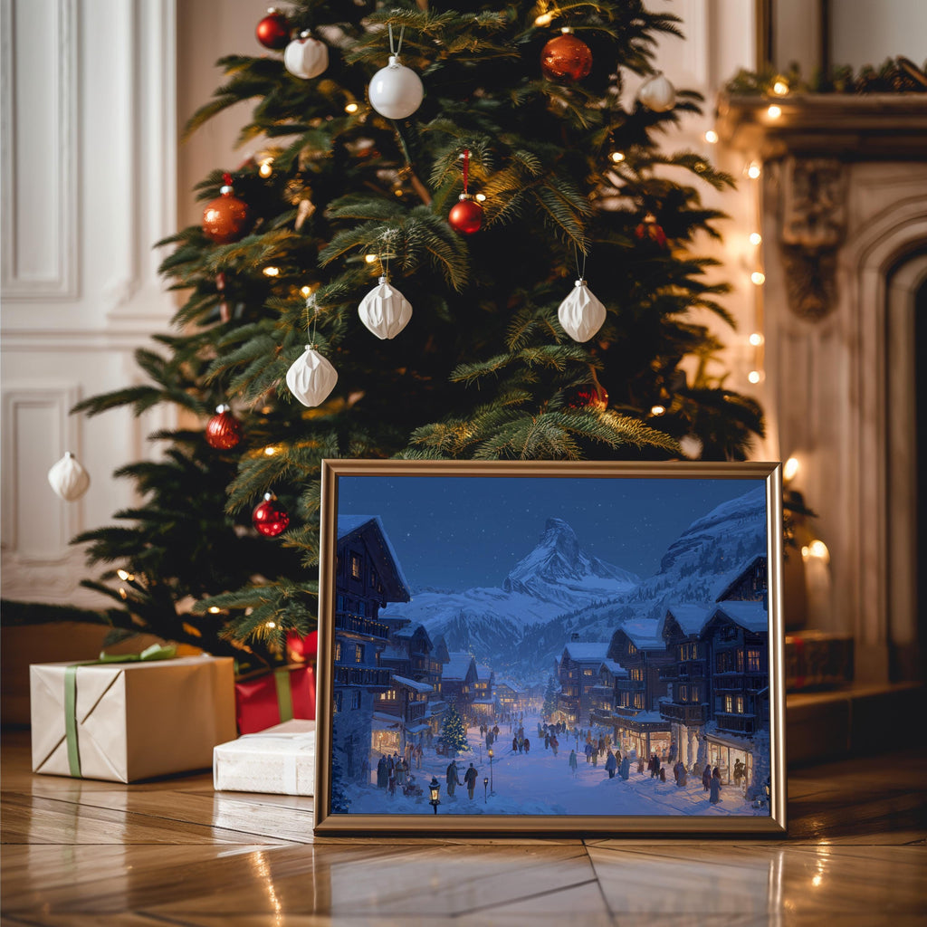 Zermatt Switzerland Christmas Wall Art, Custom Large Travel Poster Print, World Location Painting