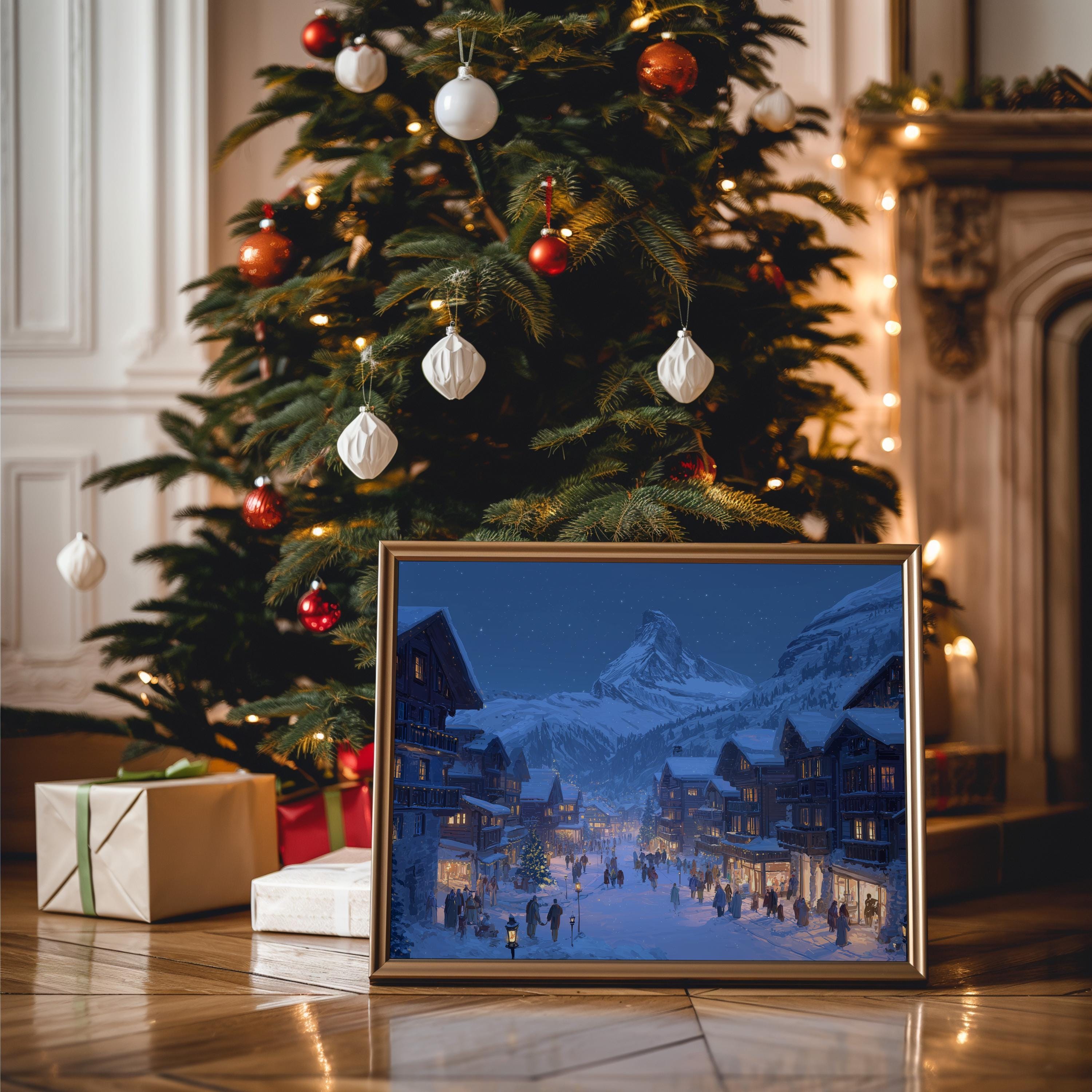 Zermatt Switzerland Christmas Wall Art, Custom Large Travel Poster Print, World Location Painting