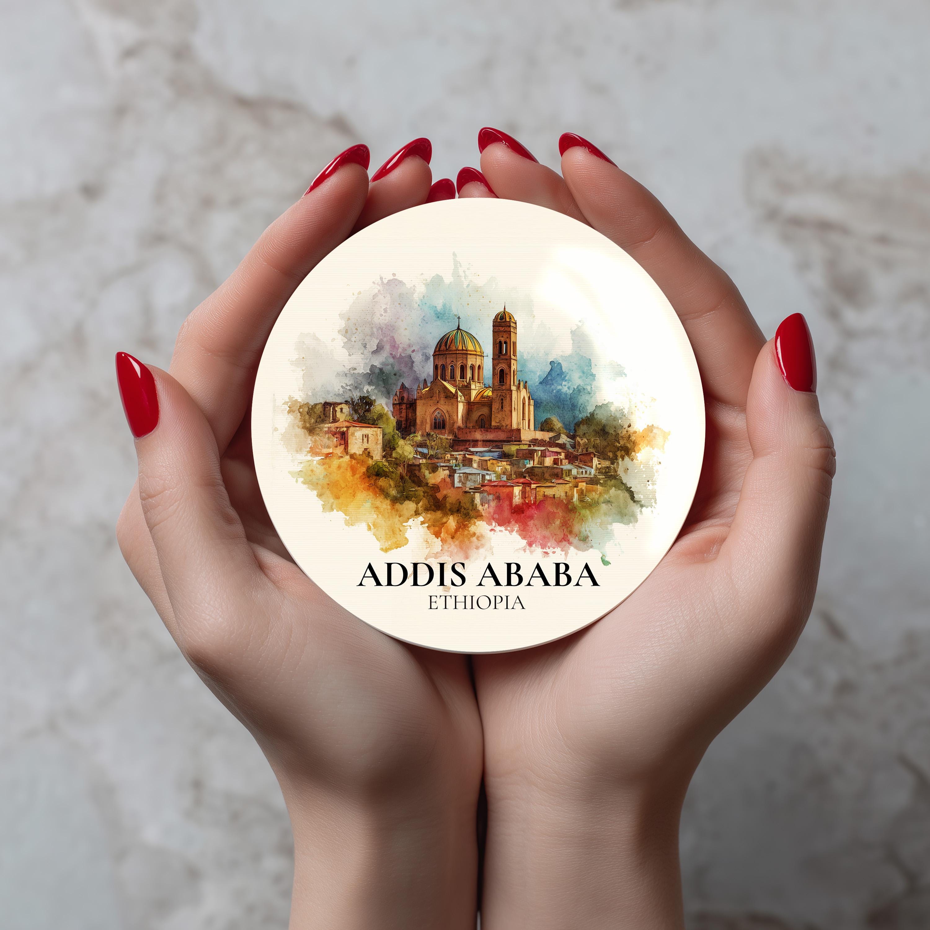 Addis Ababa Ethiopia Coaster, Watercolor Personalized Painting, Travel Gift Souvenir, Home Decor, Ceramic Set
