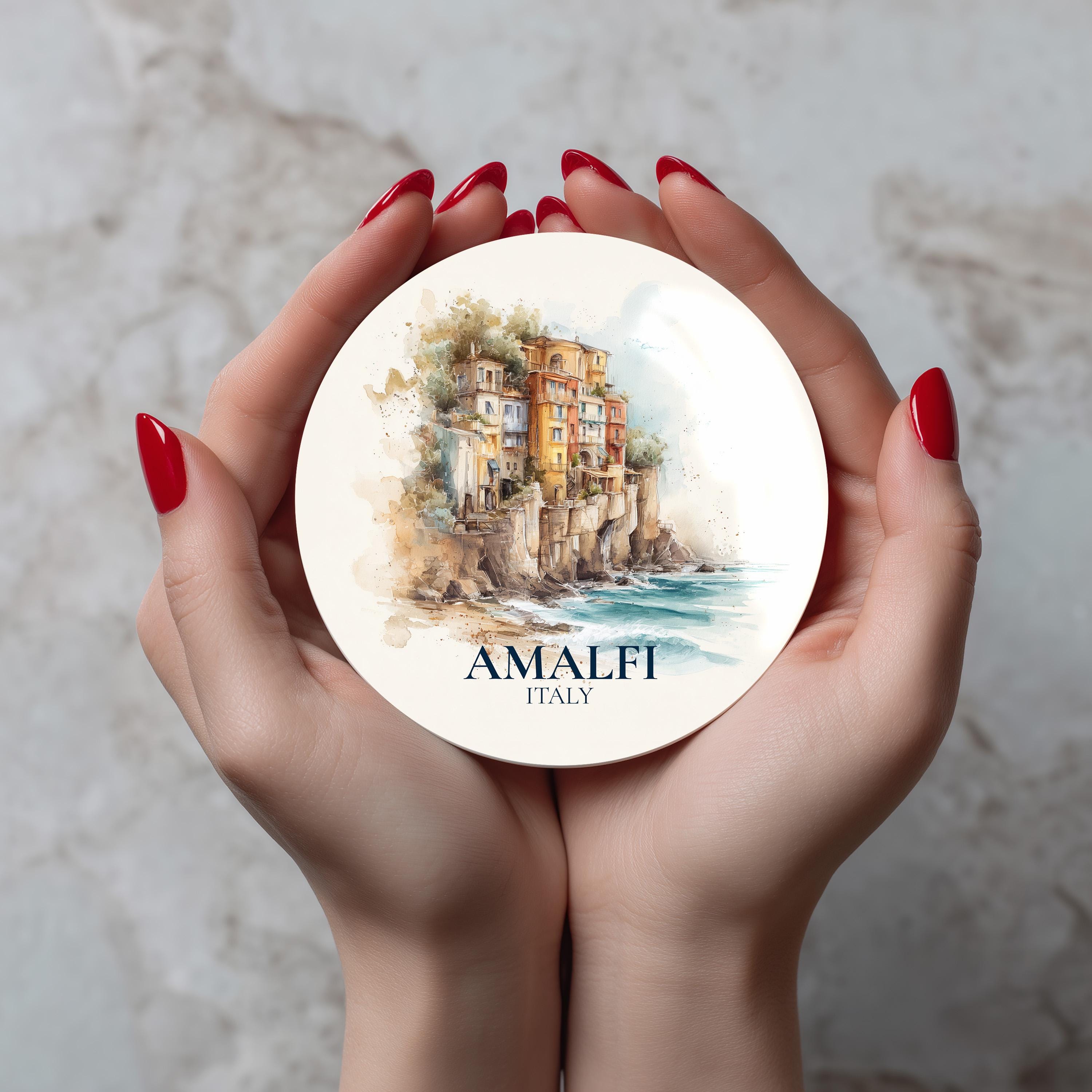 Amalfi Coast Italy Coaster, Watercolor Personalized Painting, Travel Gift Souvenir, Home Decor, Ceramic Set