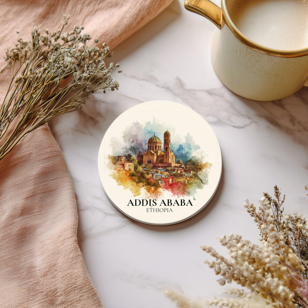Addis Ababa Ethiopia Coaster, Watercolor Personalized Painting, Travel Gift Souvenir, Home Decor, Ceramic Set