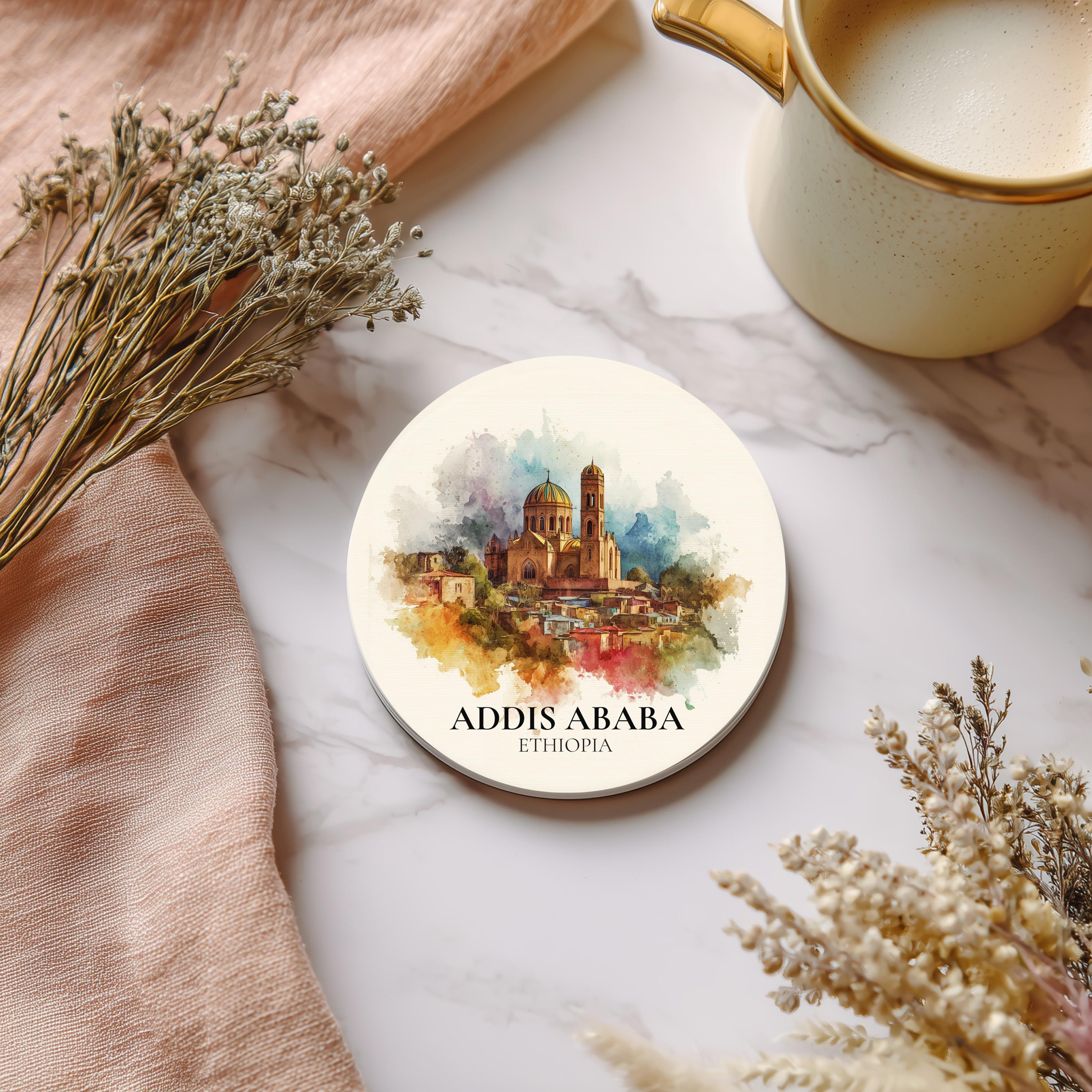 Addis Ababa Ethiopia Coaster, Watercolor Personalized Painting, Travel Gift Souvenir, Home Decor, Ceramic Set