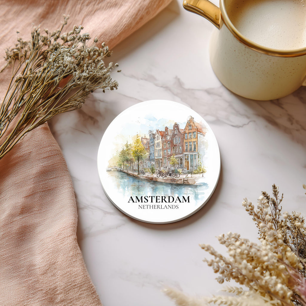Amsterdam Netherlands Coaster, Watercolor Personalized Painting, Travel Gift Souvenir, Home Decor, Ceramic Set