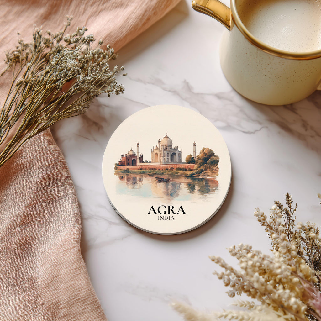 Agra India Coaster, Watercolor Personalized Painting, Travel Gift Souvenir, Home Decor, Ceramic Set