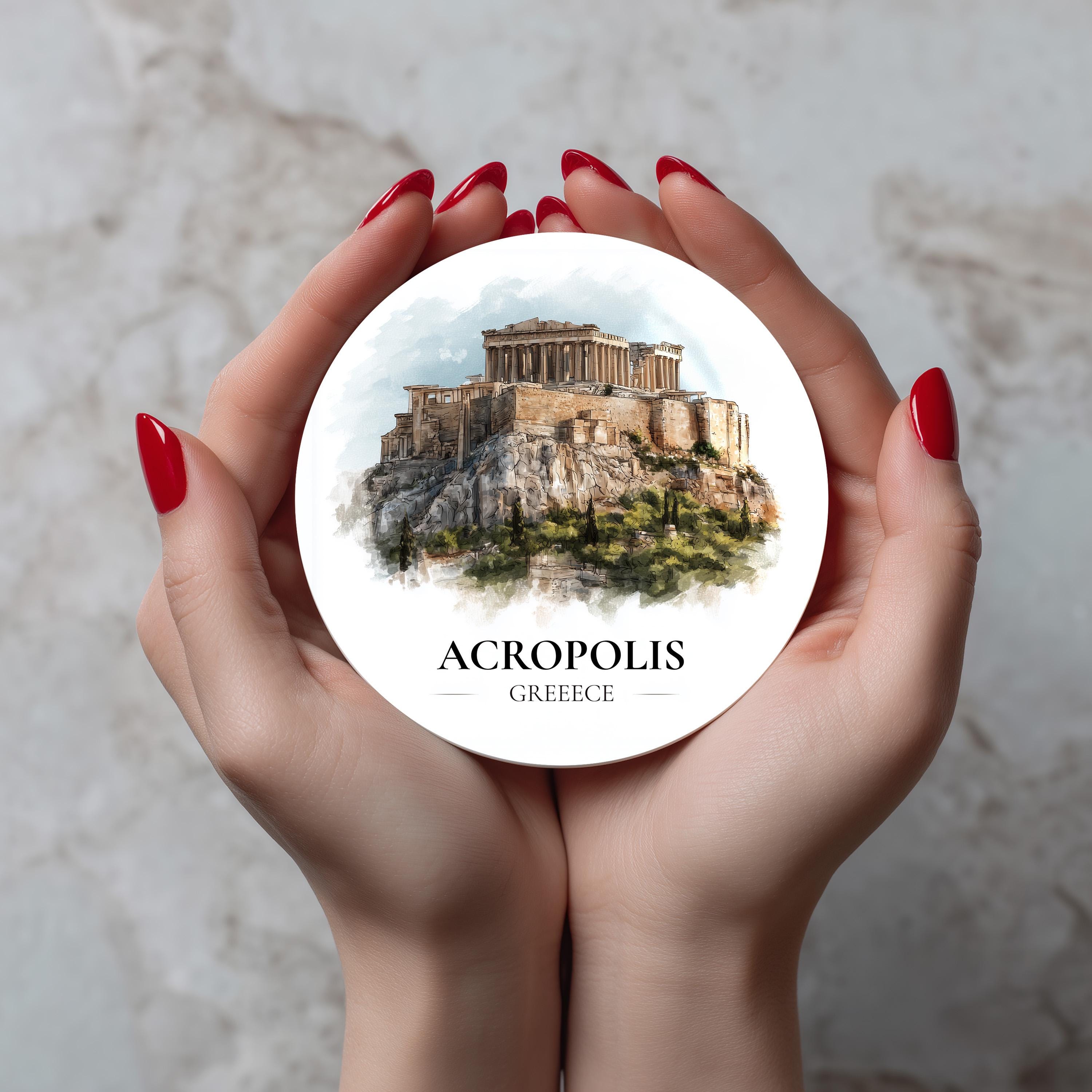 Acropolis Greece Coaster, Watercolor Personalized painting, Travel gift Souvenir, Home Decor, Ceramic Set