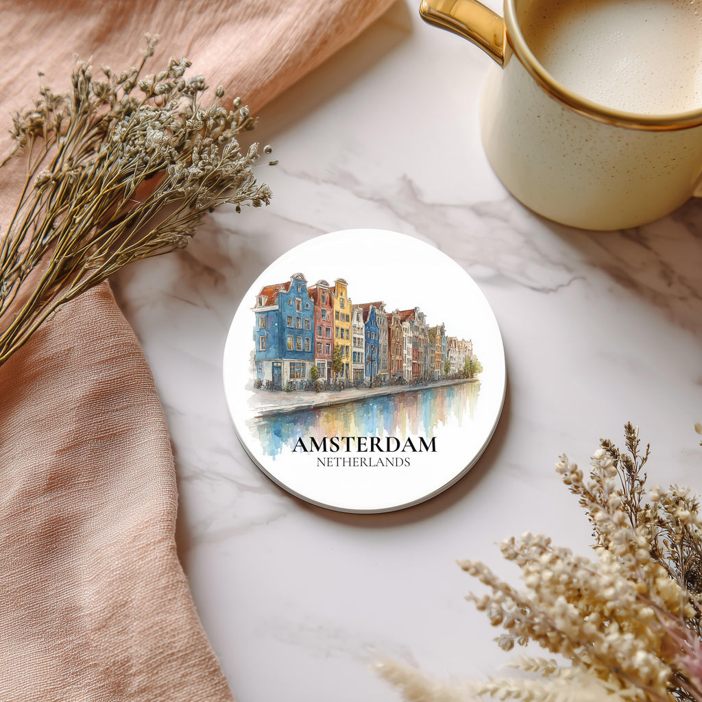 Amsterdam Netherlands2 Coaster, Watercolor Personalized Painting, Travel Gift Souvenir, Home Decor, Ceramic Set