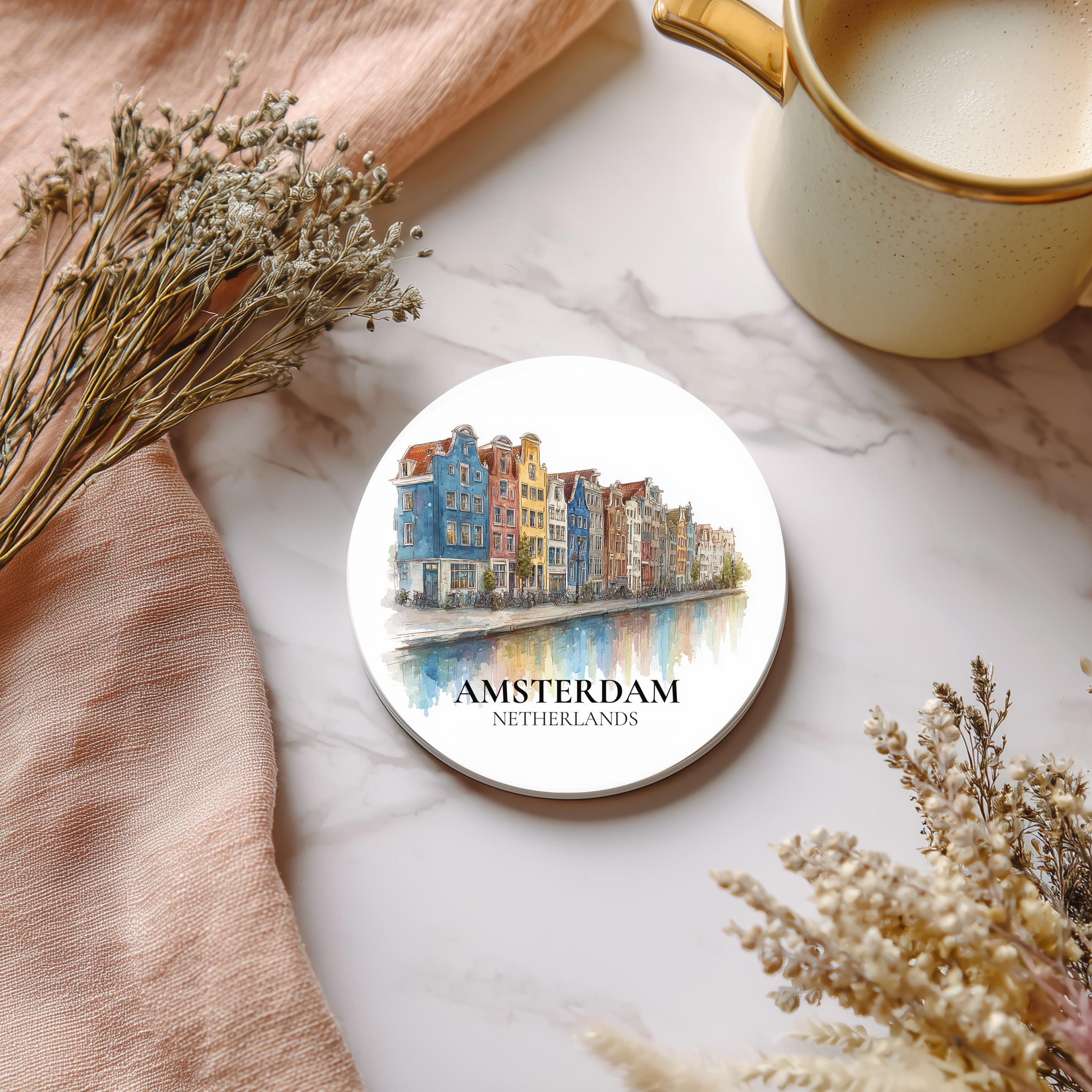 Amsterdam Netherlands2 Coaster, Watercolor Personalized Painting, Travel Gift Souvenir, Home Decor, Ceramic Set