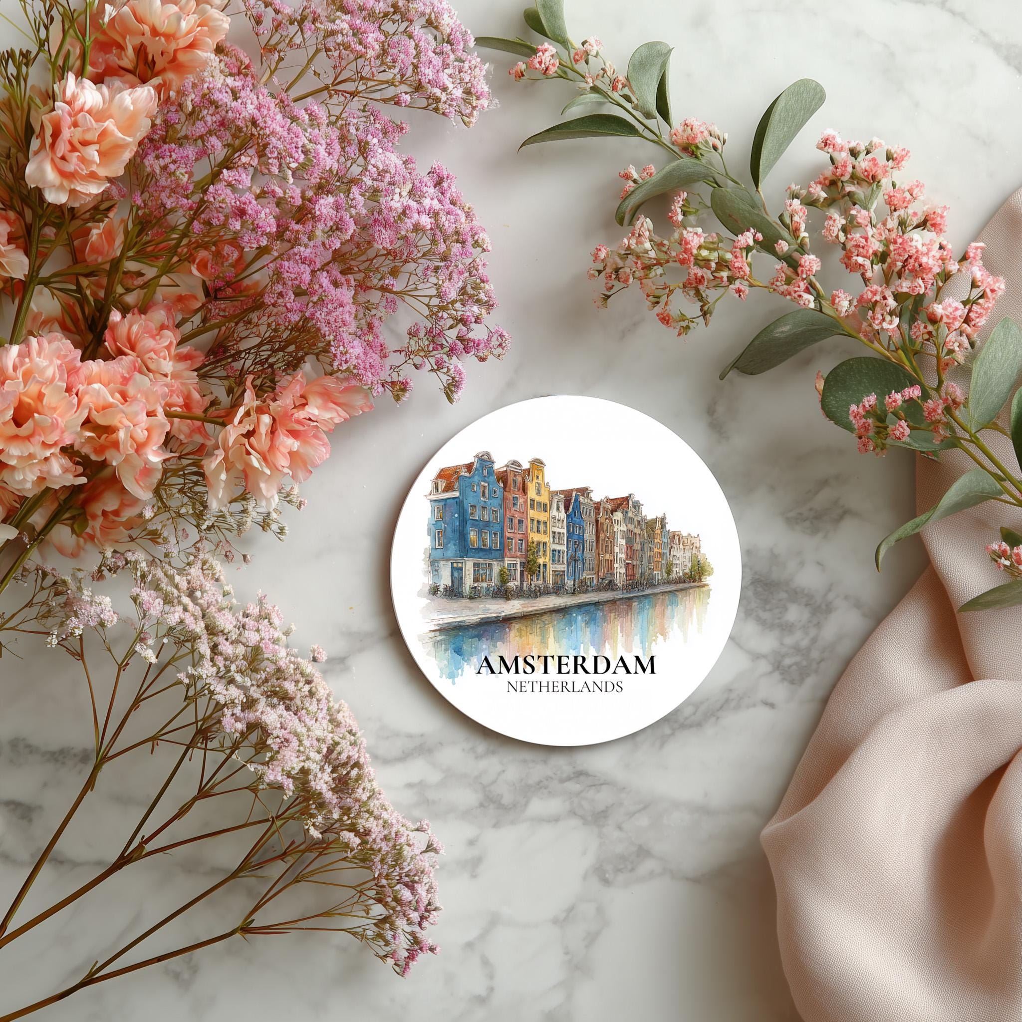 Amsterdam Netherlands2 Coaster, Watercolor Personalized Painting, Travel Gift Souvenir, Home Decor, Ceramic Set