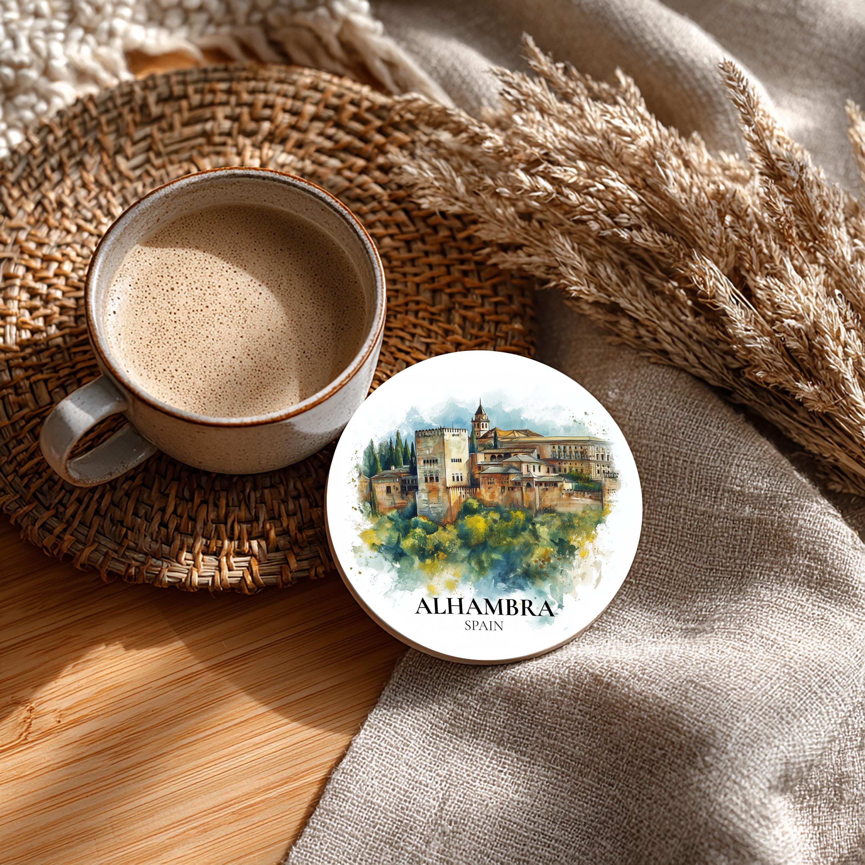 Alhambra Spain Coaster, Watercolor Personalized Painting, Travel Gift Souvenir, Home Decor, Ceramic Set