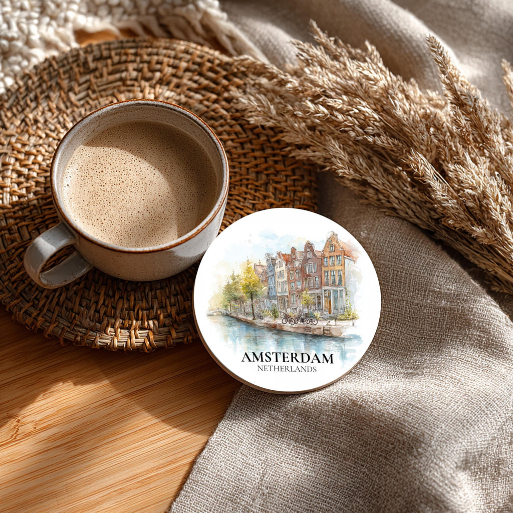 Amsterdam Netherlands Coaster, Watercolor Personalized Painting, Travel Gift Souvenir, Home Decor, Ceramic Set