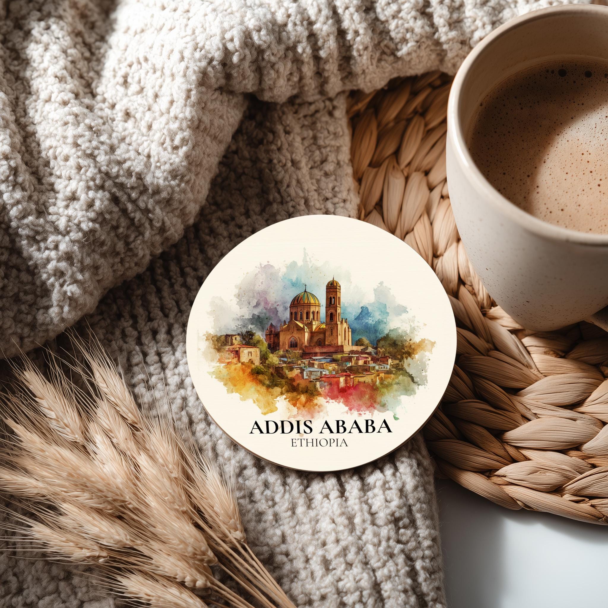 Addis Ababa Ethiopia Coaster, Watercolor Personalized Painting, Travel Gift Souvenir, Home Decor, Ceramic Set