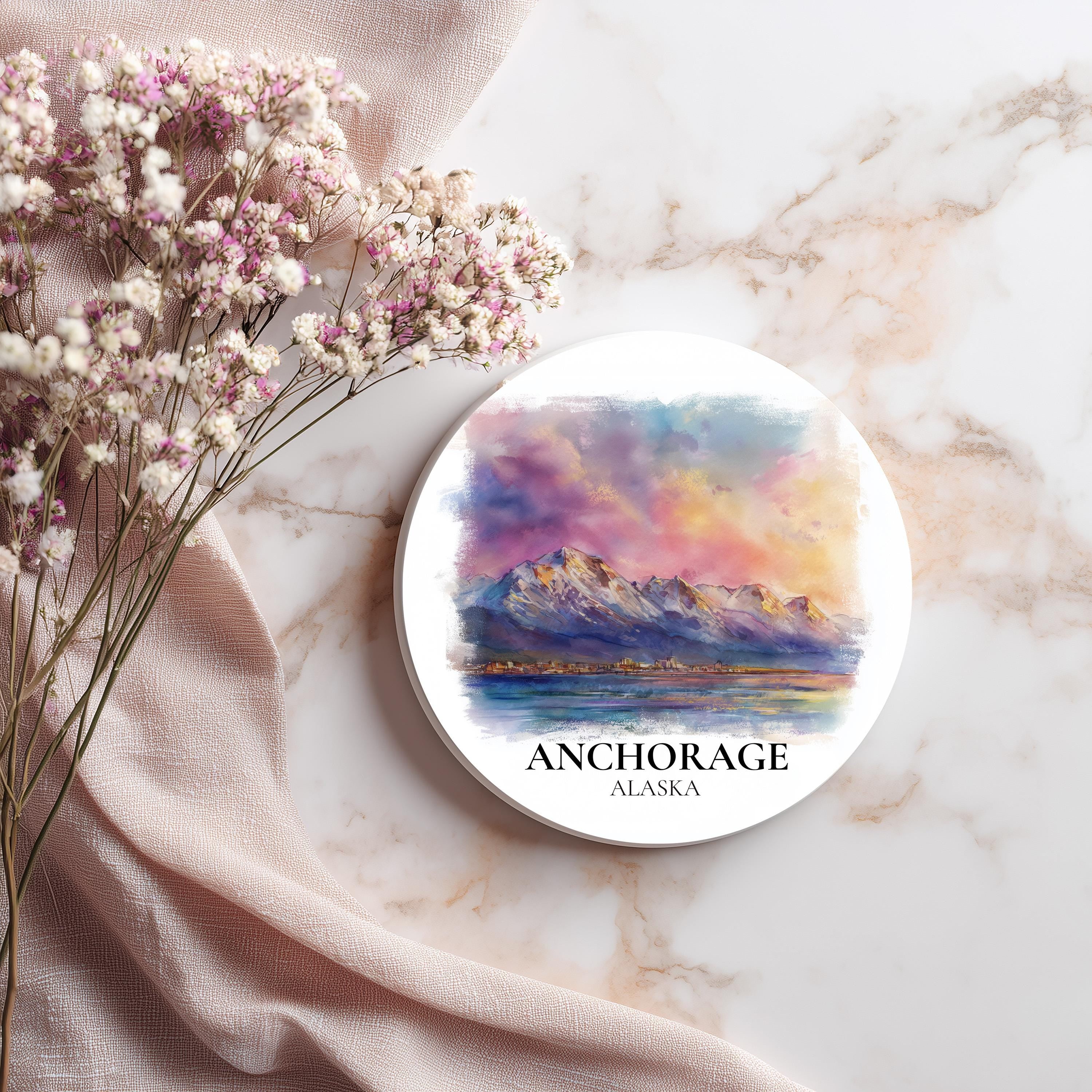 Anchorage Alaska Coaster, Watercolor Personalized Painting, Travel Gift Souvenir, Home Decor, Ceramic Set
