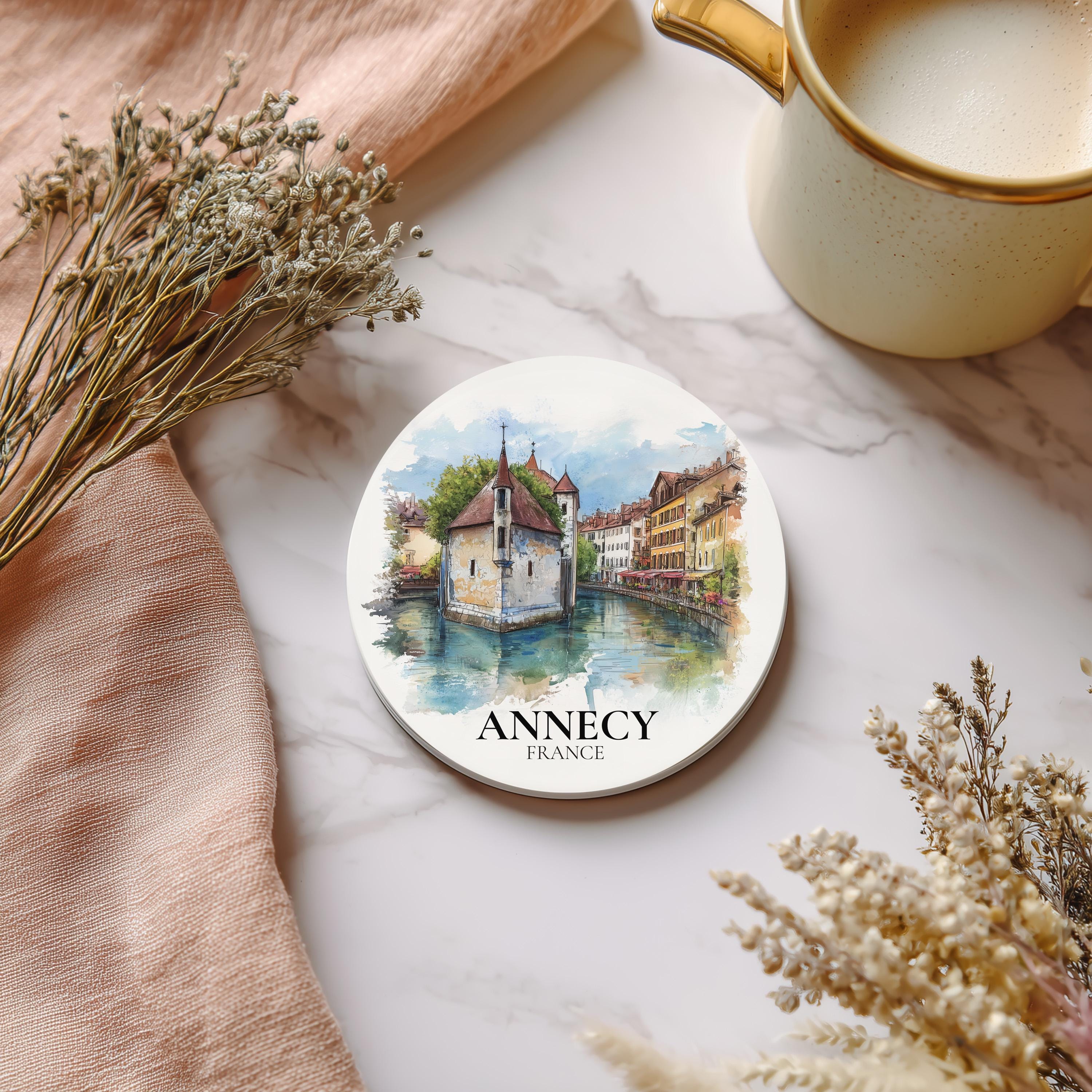 Annecy France Coaster, Watercolor Personalized Painting, Travel Gift Souvenir, Home Decor, Ceramic Set