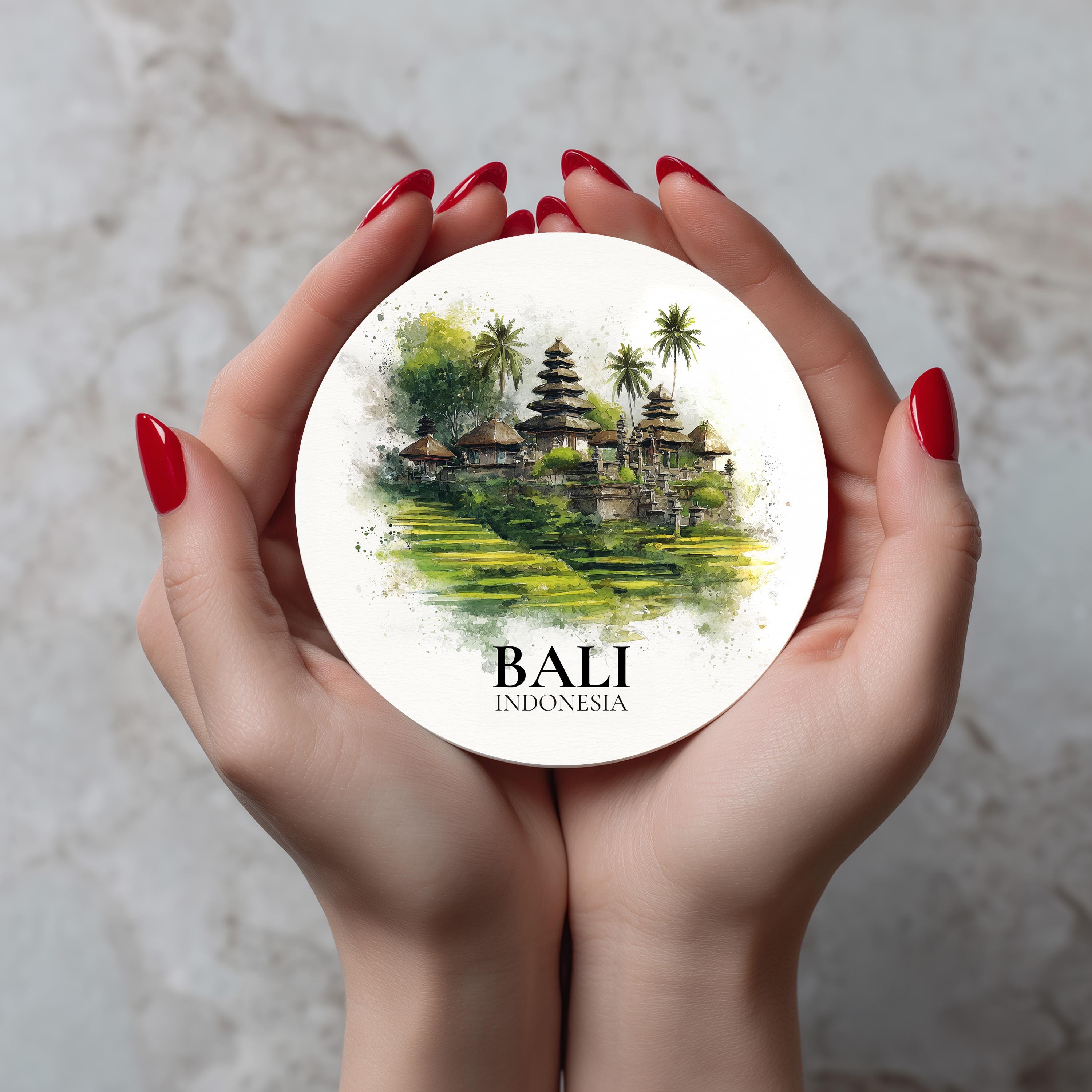 Bali Indonesia Coaster, Watercolor Personalized Painting, Travel Gift Souvenir, Home Decor, Ceramic Set