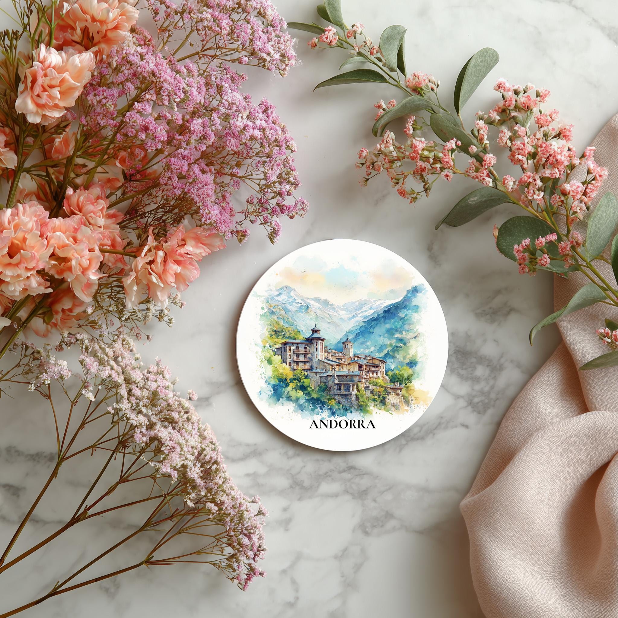Andorra la Vella Andorra Coaster, Watercolor Personalized Painting, Travel Gift Souvenir, Home Decor, Ceramic Set