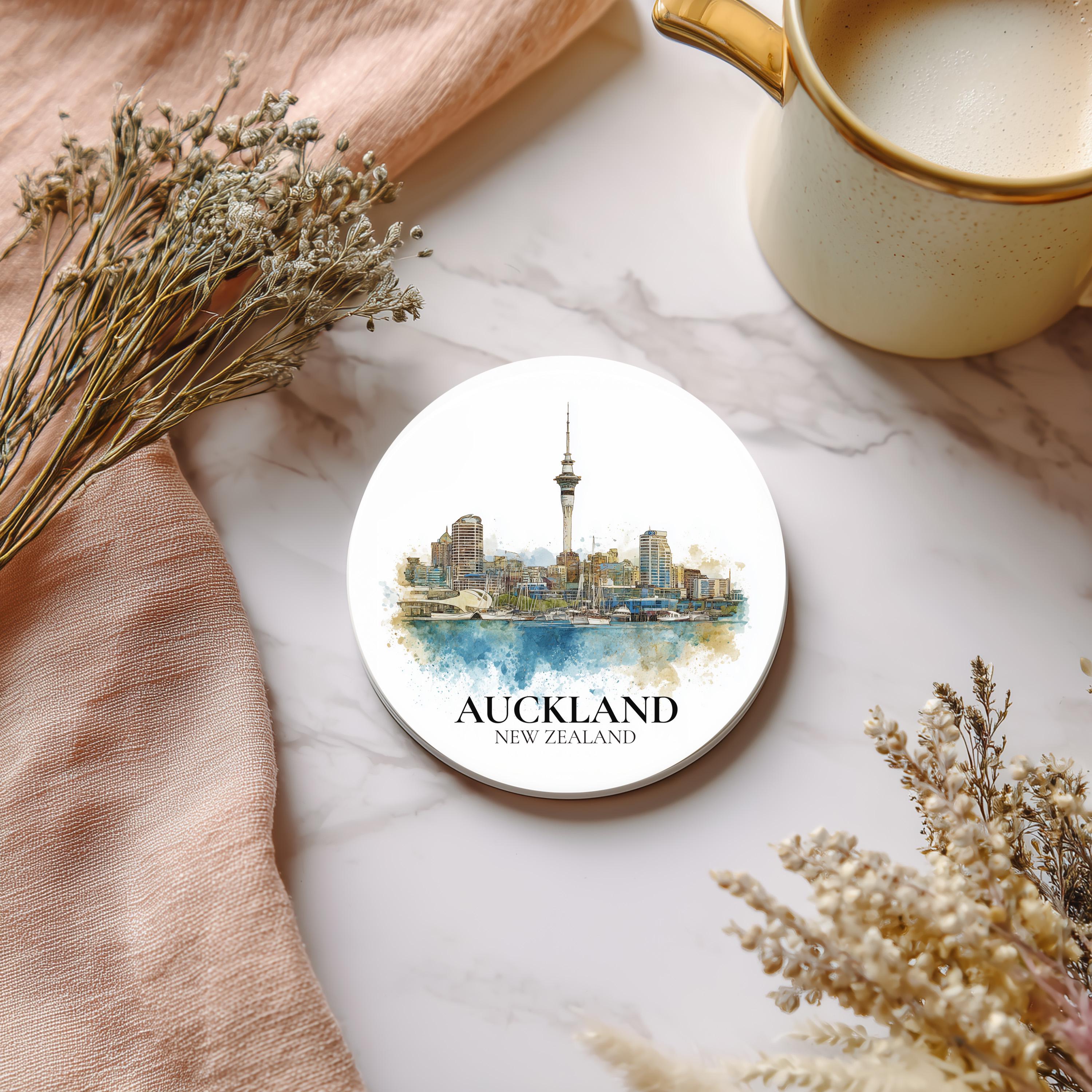 Auckland New Zealand Coaster, Watercolor Personalized Painting, Travel Gift Souvenir, Home Decor, Ceramic Set