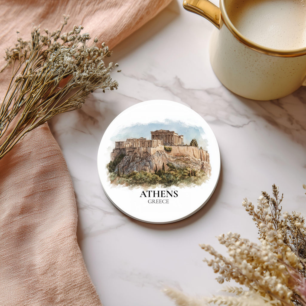 Athens Greece2 Coaster, Watercolor Personalized Painting, Travel Gift Souvenir, Home Decor, Ceramic Set