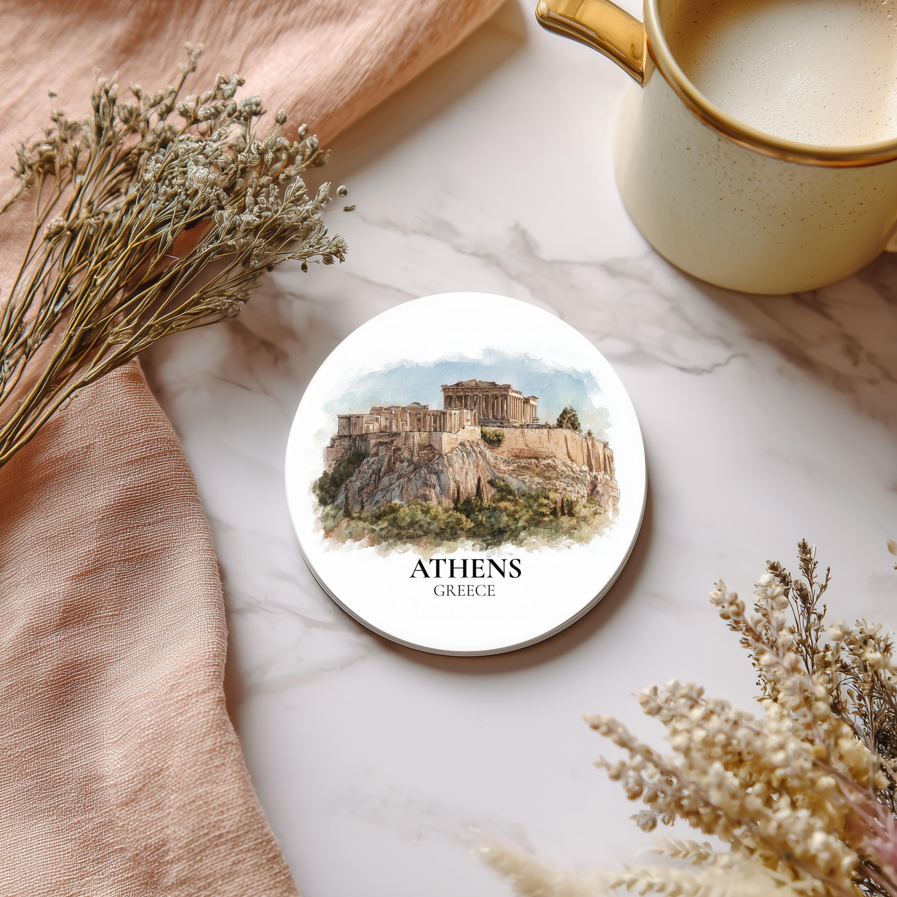 Athens Greece2 Coaster, Watercolor Personalized Painting, Travel Gift Souvenir, Home Decor, Ceramic Set