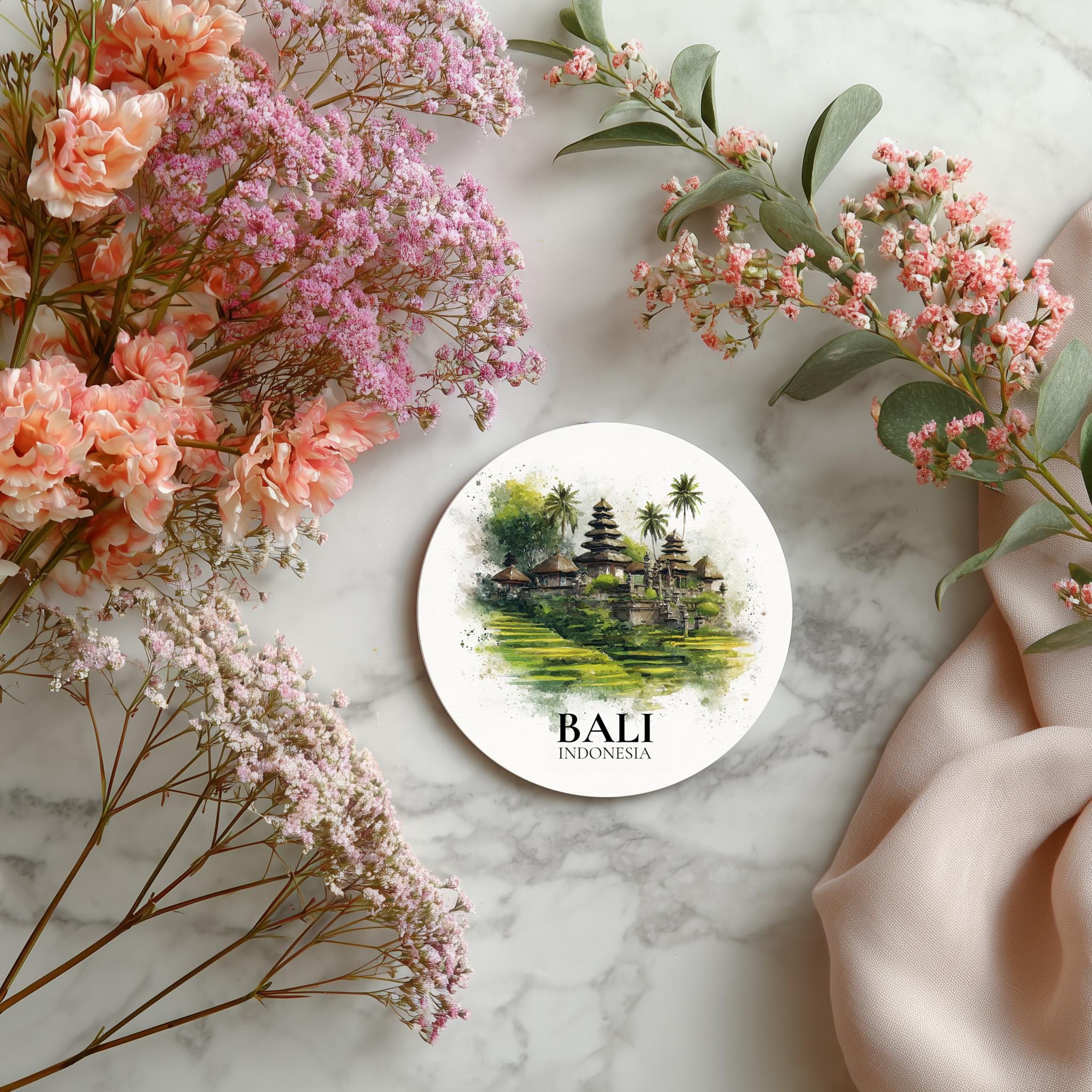 Bali Indonesia Coaster, Watercolor Personalized Painting, Travel Gift Souvenir, Home Decor, Ceramic Set