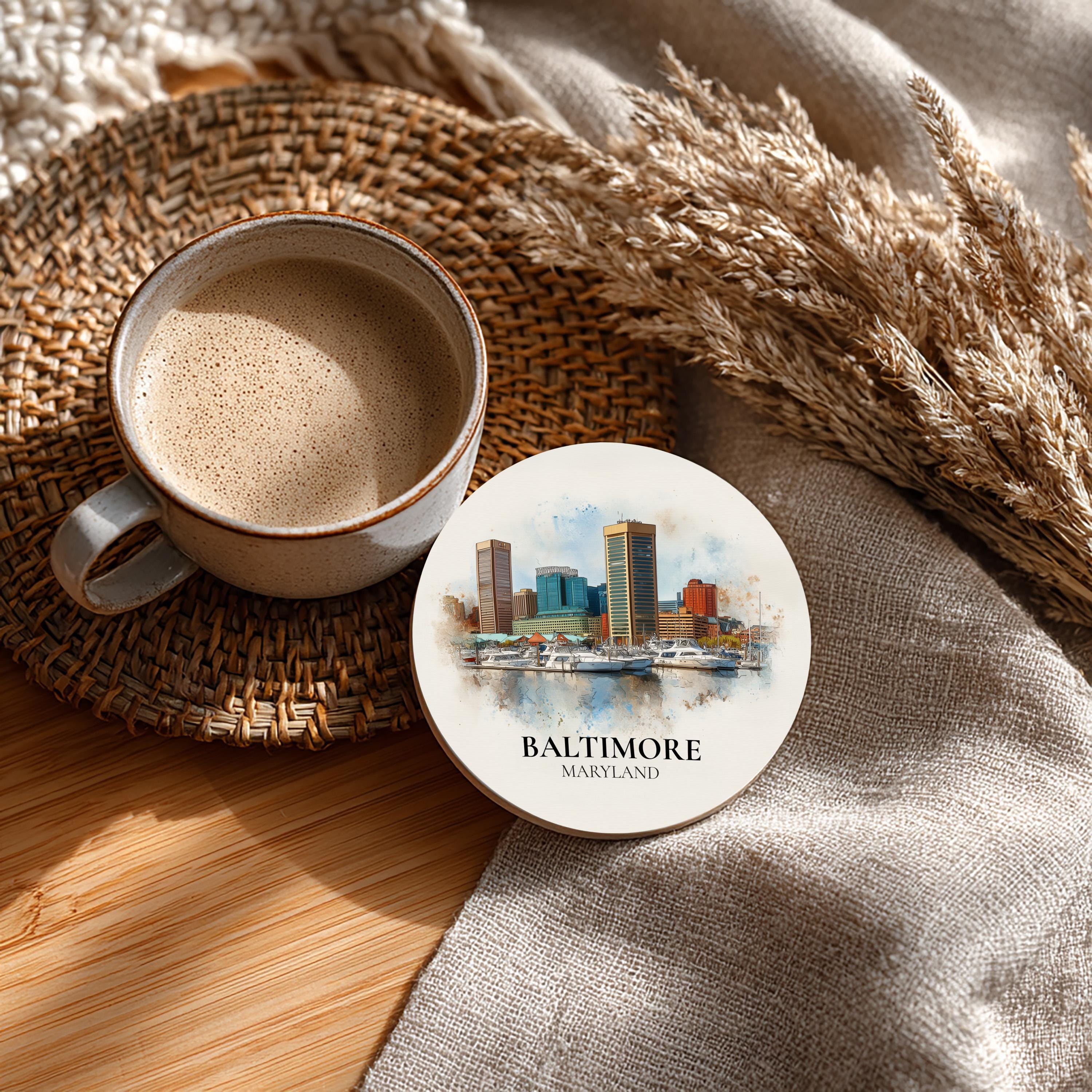 Baltimore Maryland Coaster, Watercolor Personalized Painting, Travel Gift Souvenir, Home Decor, Ceramic Set