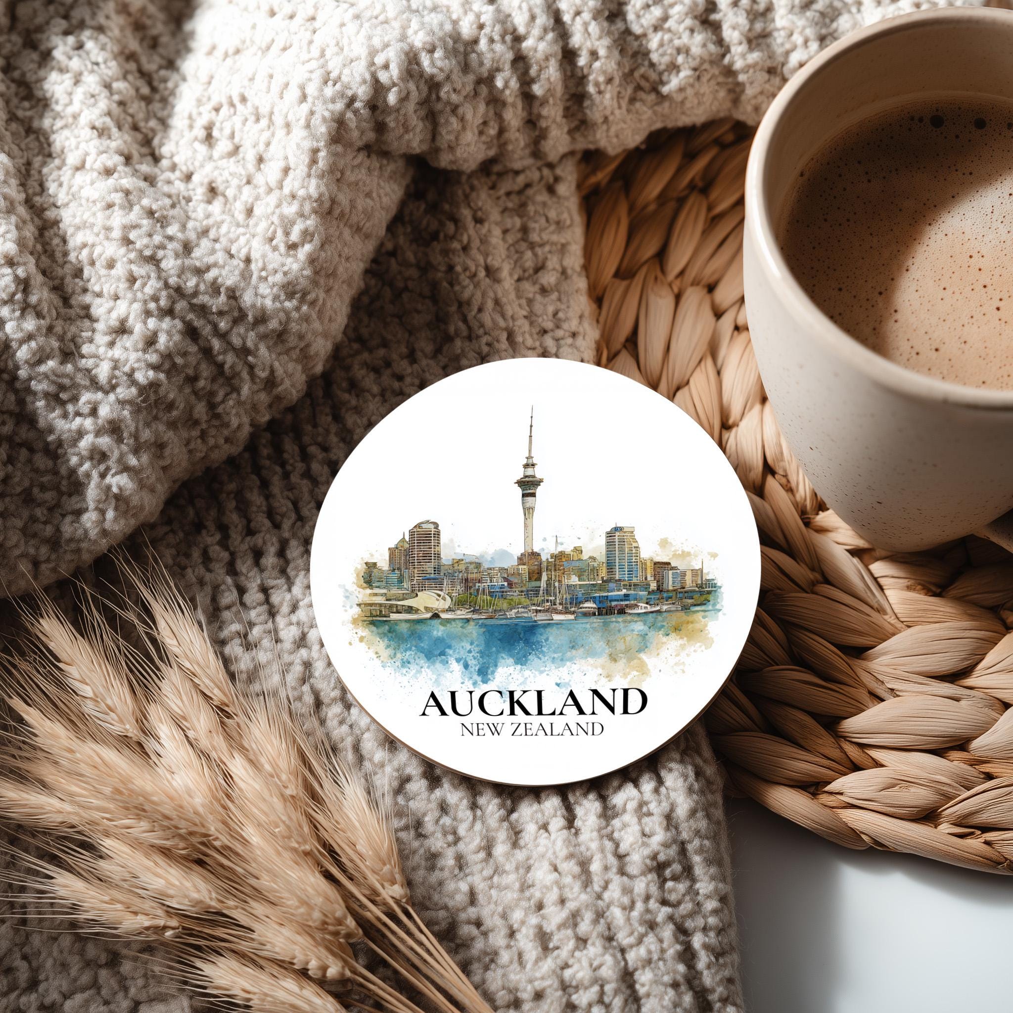 Auckland New Zealand Coaster, Watercolor Personalized Painting, Travel Gift Souvenir, Home Decor, Ceramic Set