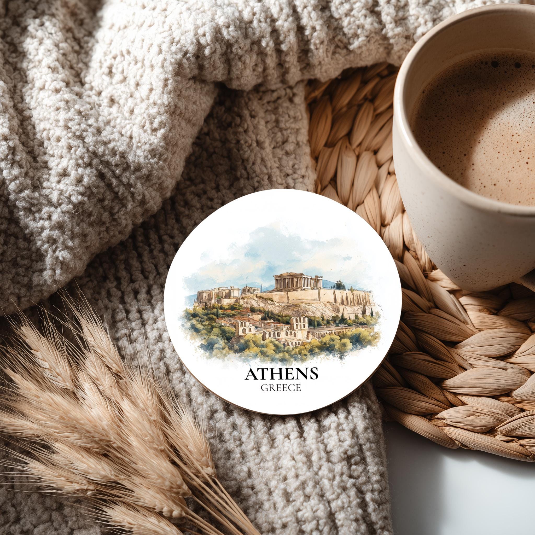 Athens Greece Coaster, Watercolor Personalized Painting, Travel Gift Souvenir, Home Decor, Ceramic Set