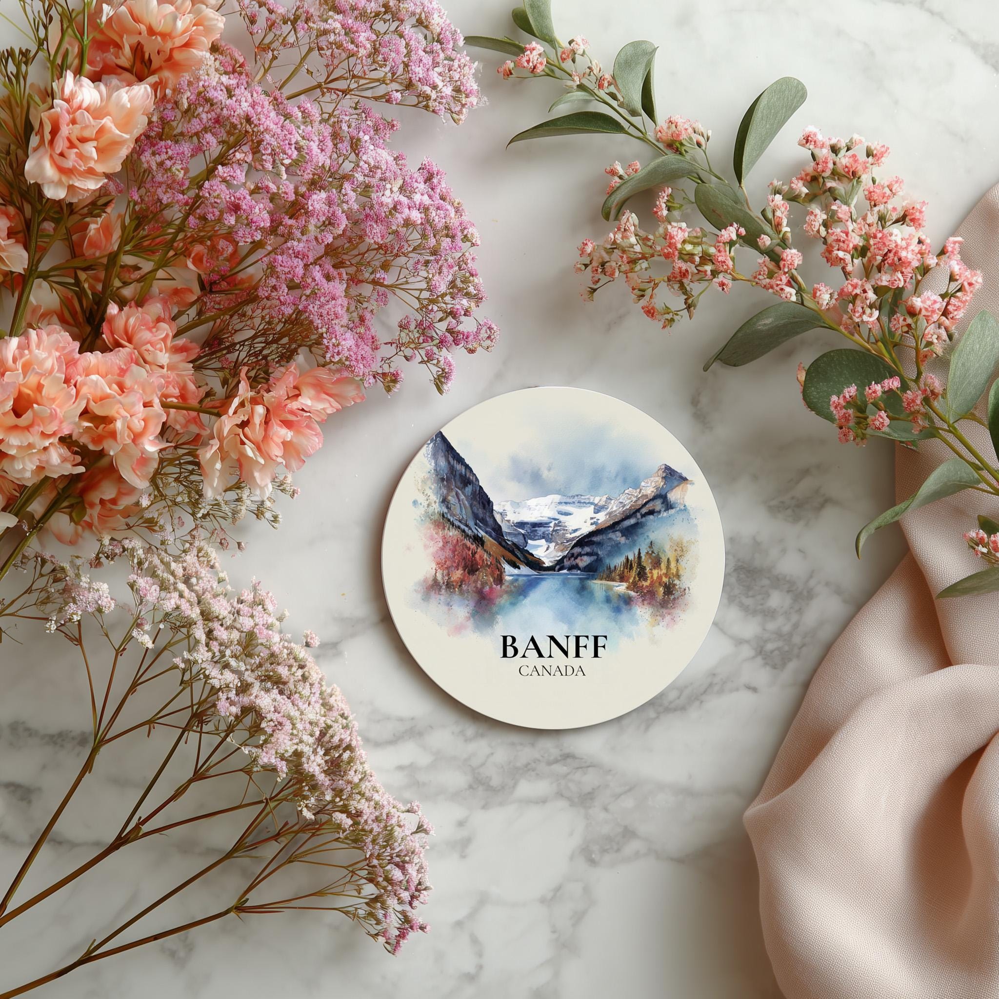 Banff National Park Canada Coaster, Watercolor Personalized Painting, Travel Gift Souvenir, Home Decor, Ceramic Set