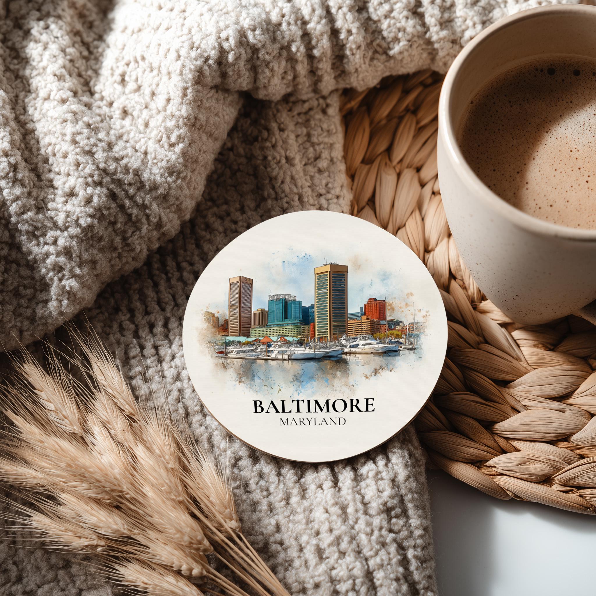 Baltimore Maryland Coaster, Watercolor Personalized Painting, Travel Gift Souvenir, Home Decor, Ceramic Set