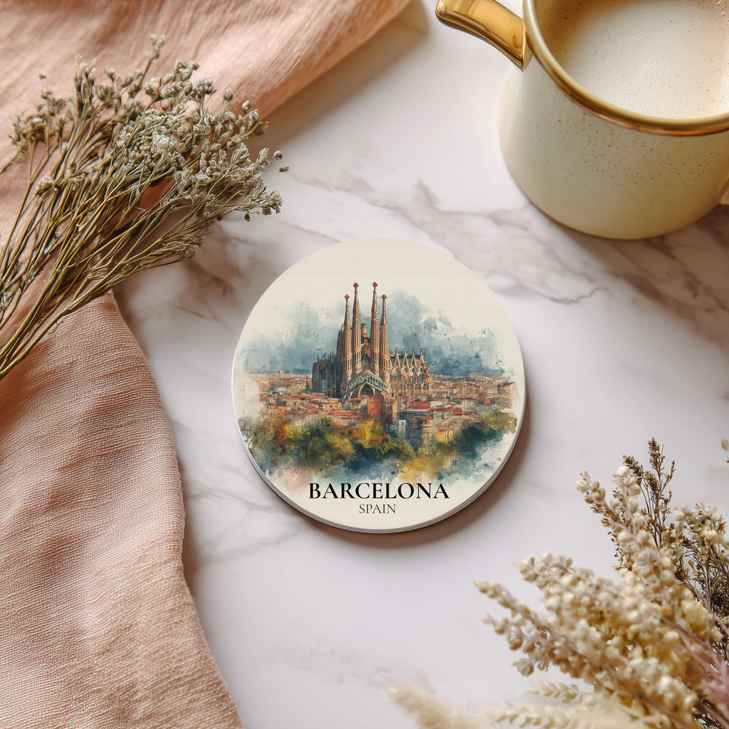 Barcelona Spain Coaster, Watercolor Personalized Painting, Travel Gift Souvenir, Home Decor, Ceramic Set