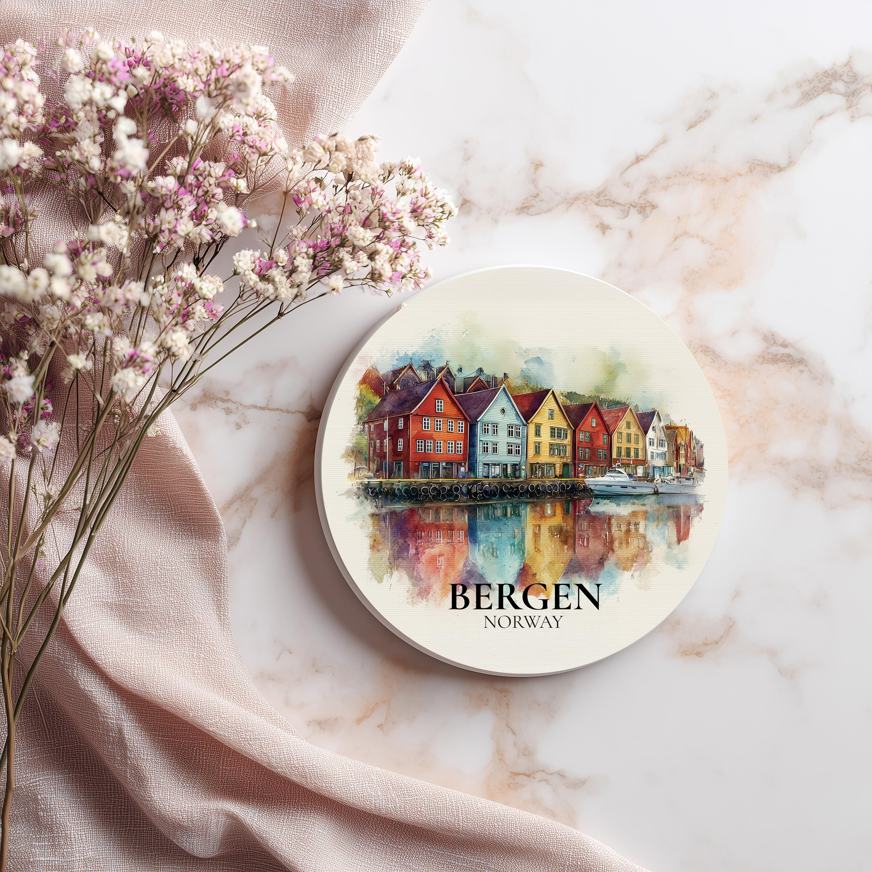 Bergen Norway Coaster, Watercolor Personalized Painting, Travel Gift Souvenir, Home Decor, Ceramic Set