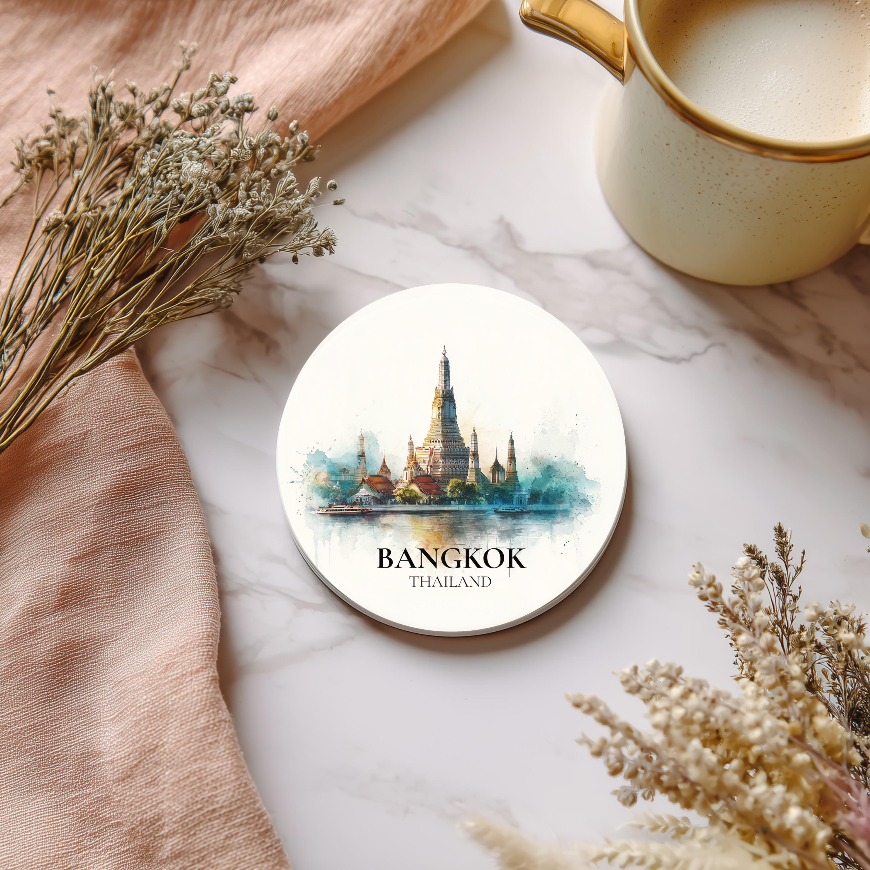 Bangkok Thailand Coaster, Watercolor Personalized Painting, Travel Gift Souvenir, Home Decor, Ceramic Set