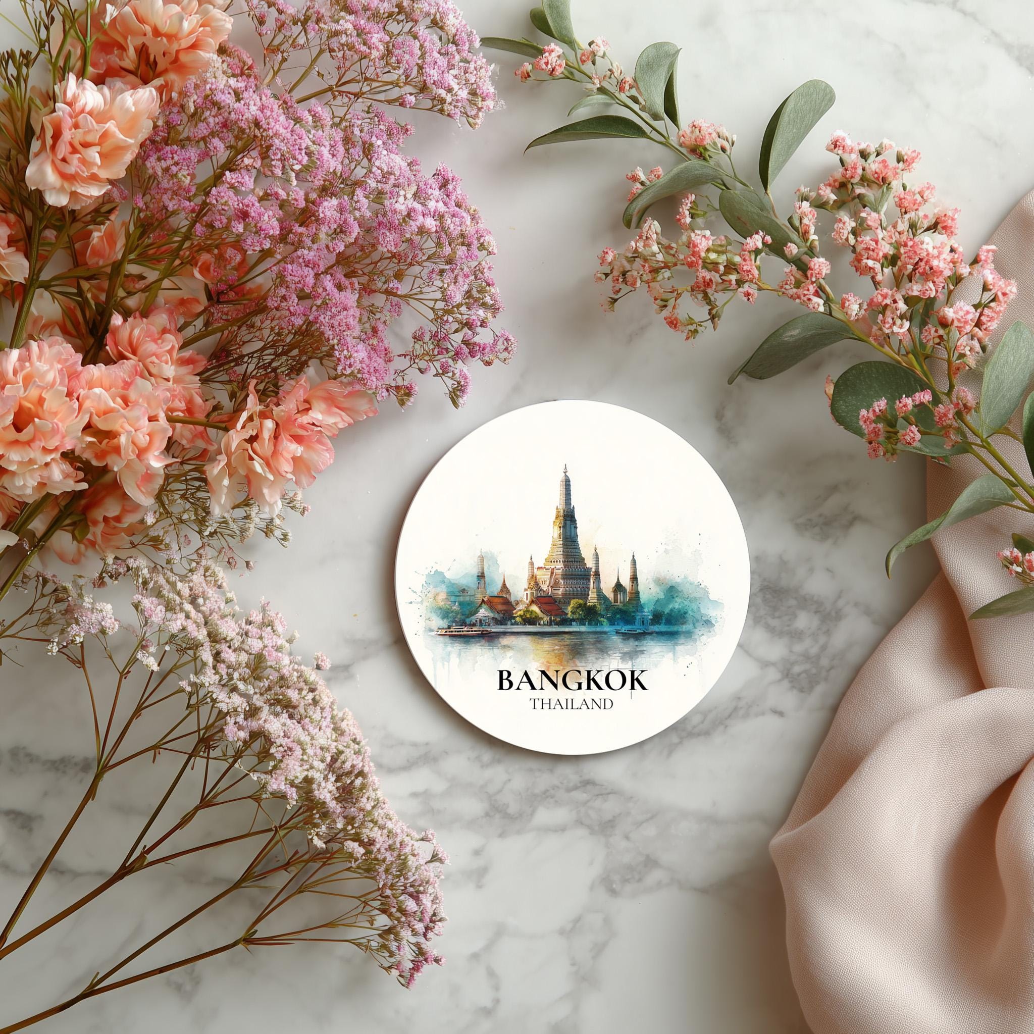 Bangkok Thailand Coaster, Watercolor Personalized Painting, Travel Gift Souvenir, Home Decor, Ceramic Set