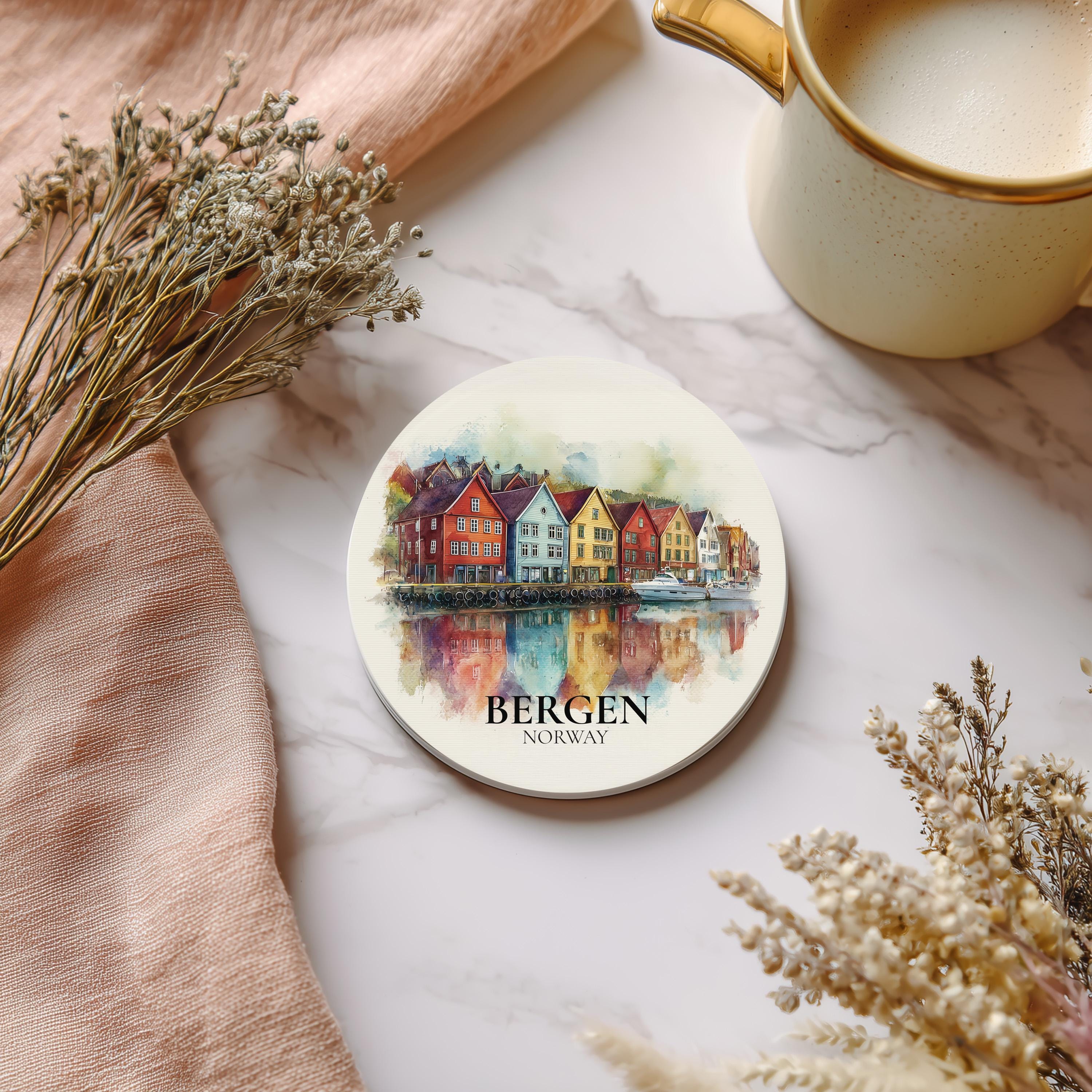 Bergen Norway Coaster, Watercolor Personalized Painting, Travel Gift Souvenir, Home Decor, Ceramic Set