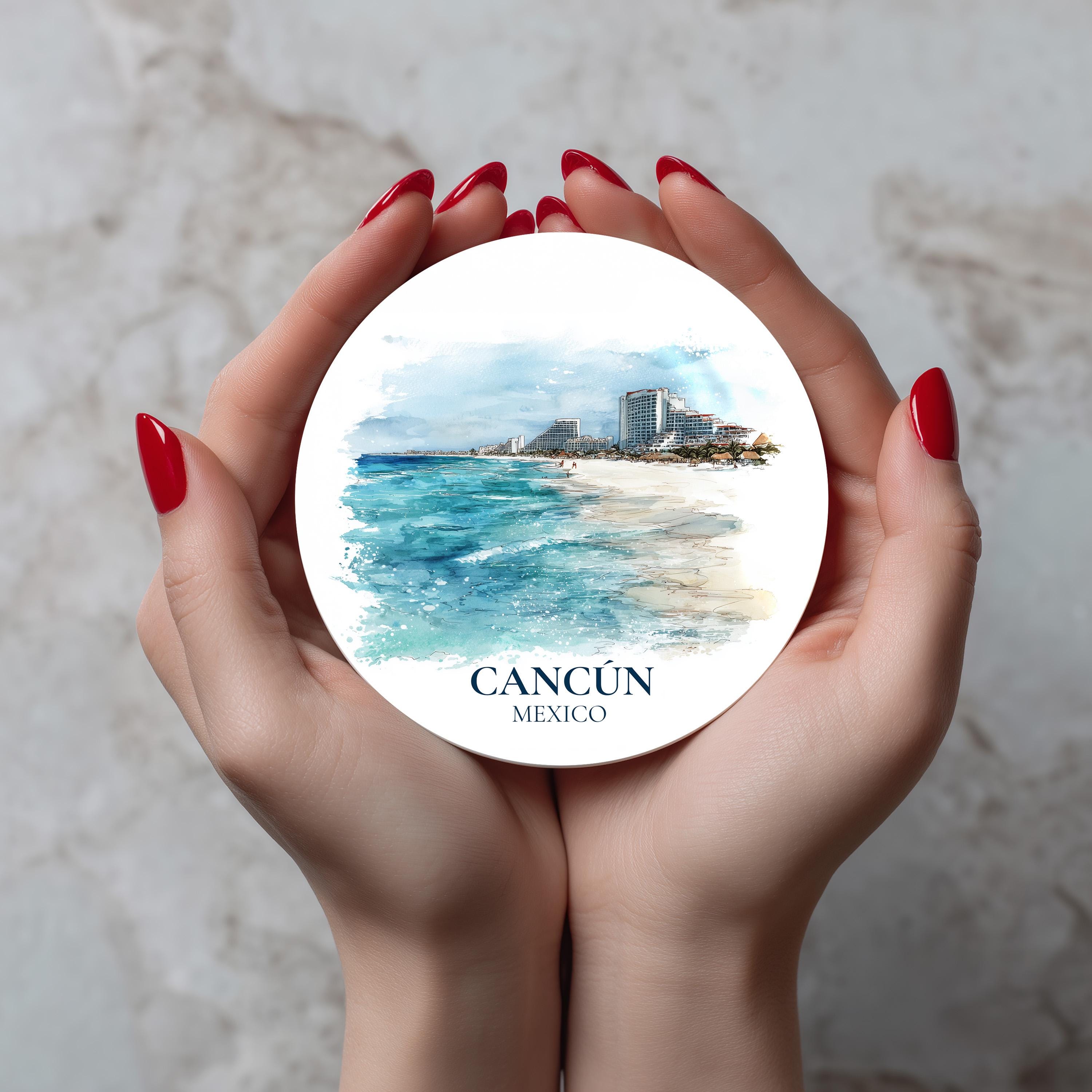 Cancun Mexico Coaster, Watercolor Personalized Painting, Travel Gift Souvenir, Home Decor, Ceramic Set