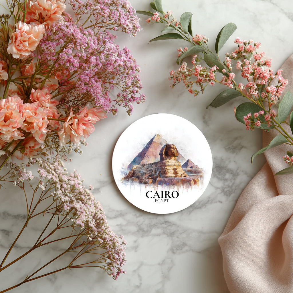 Cairo Egypt Coaster, Watercolor Personalized Painting, Travel Gift Souvenir, Home Decor, Ceramic Set