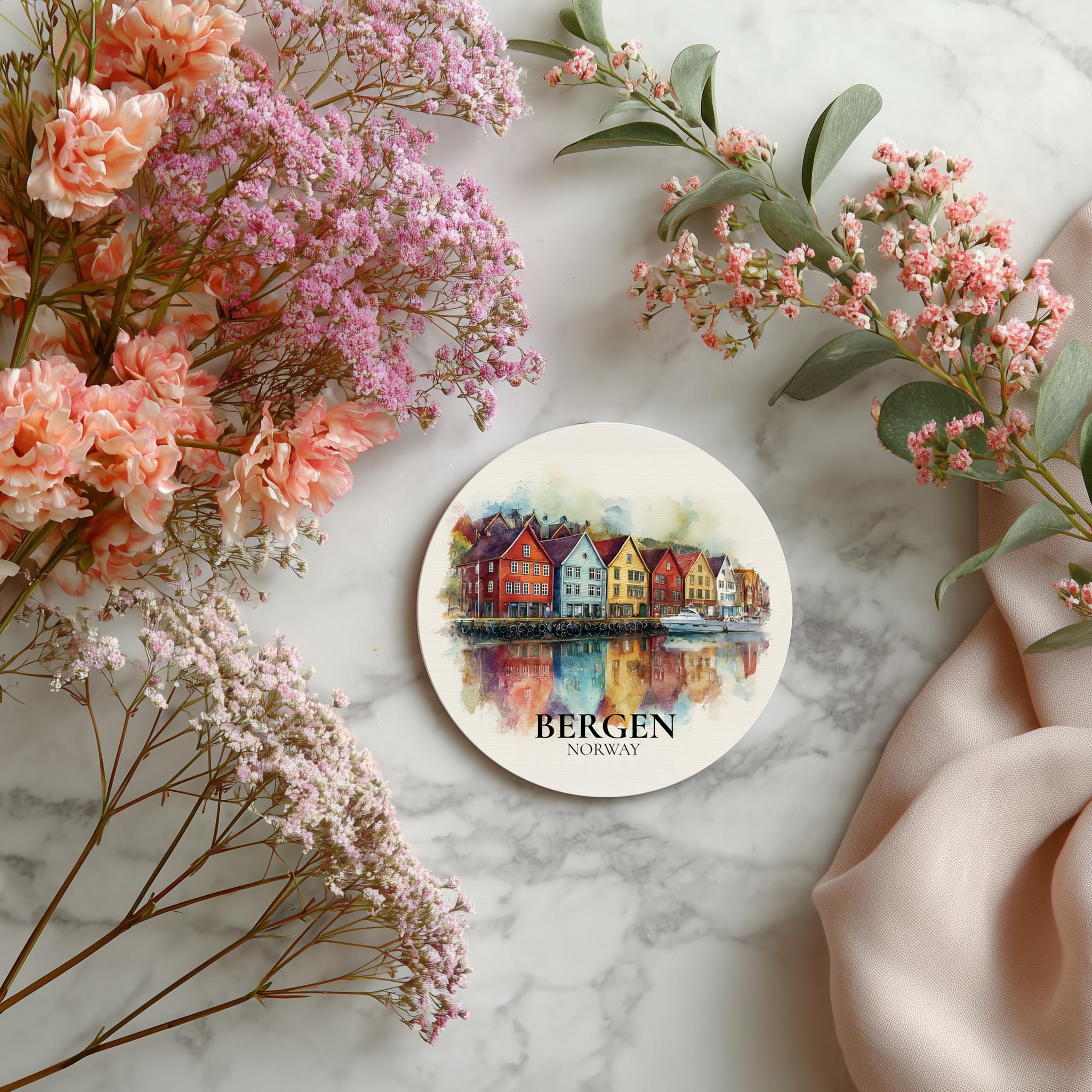 Bergen Norway Coaster, Watercolor Personalized Painting, Travel Gift Souvenir, Home Decor, Ceramic Set