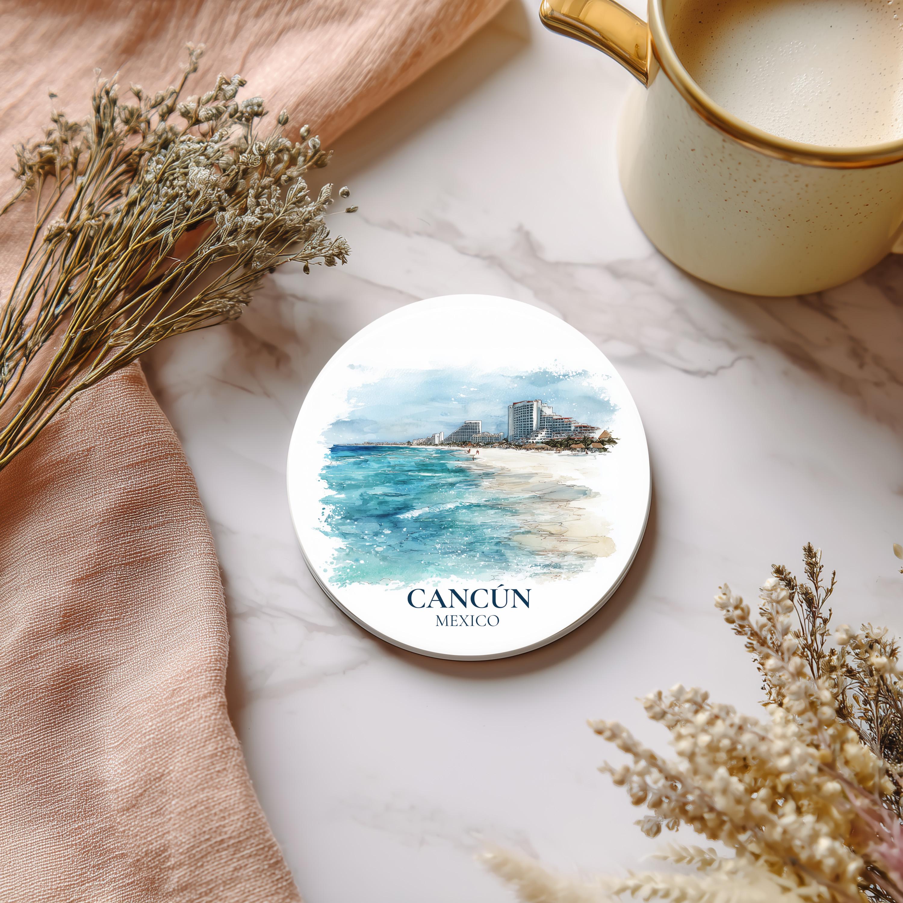 Cancun Mexico Coaster, Watercolor Personalized Painting, Travel Gift Souvenir, Home Decor, Ceramic Set