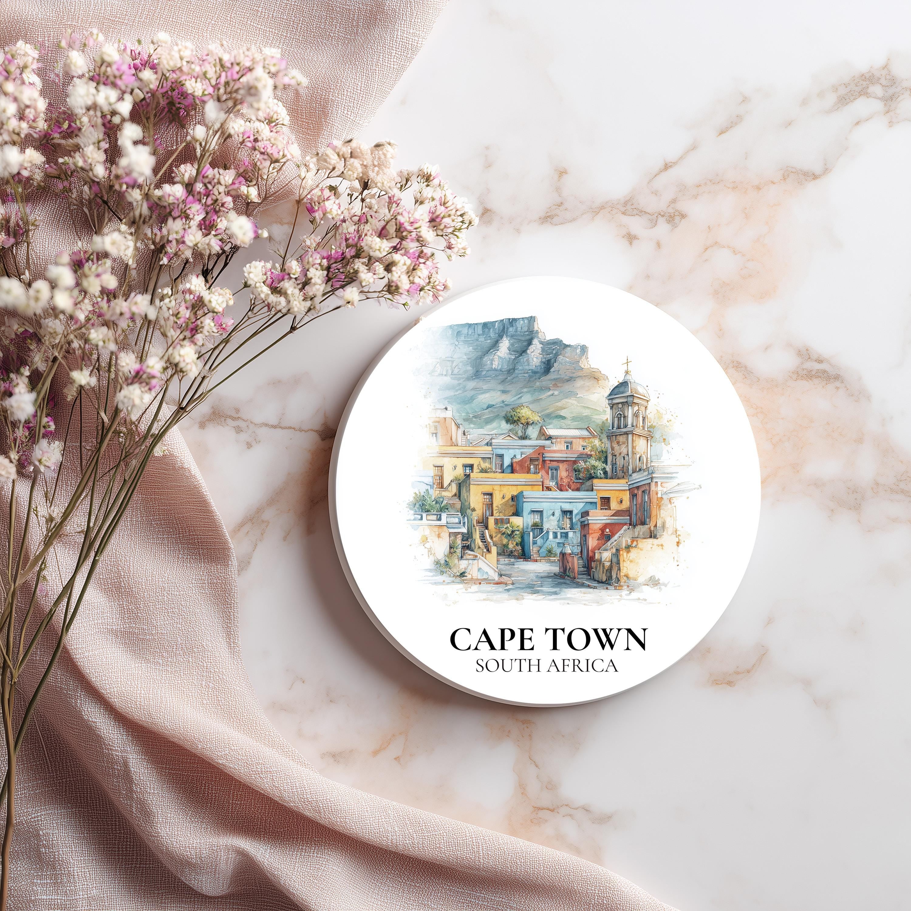 Cape Town South Africa2 Coaster, Watercolor Personalized Painting, Travel Gift Souvenir, Home Decor, Ceramic Set