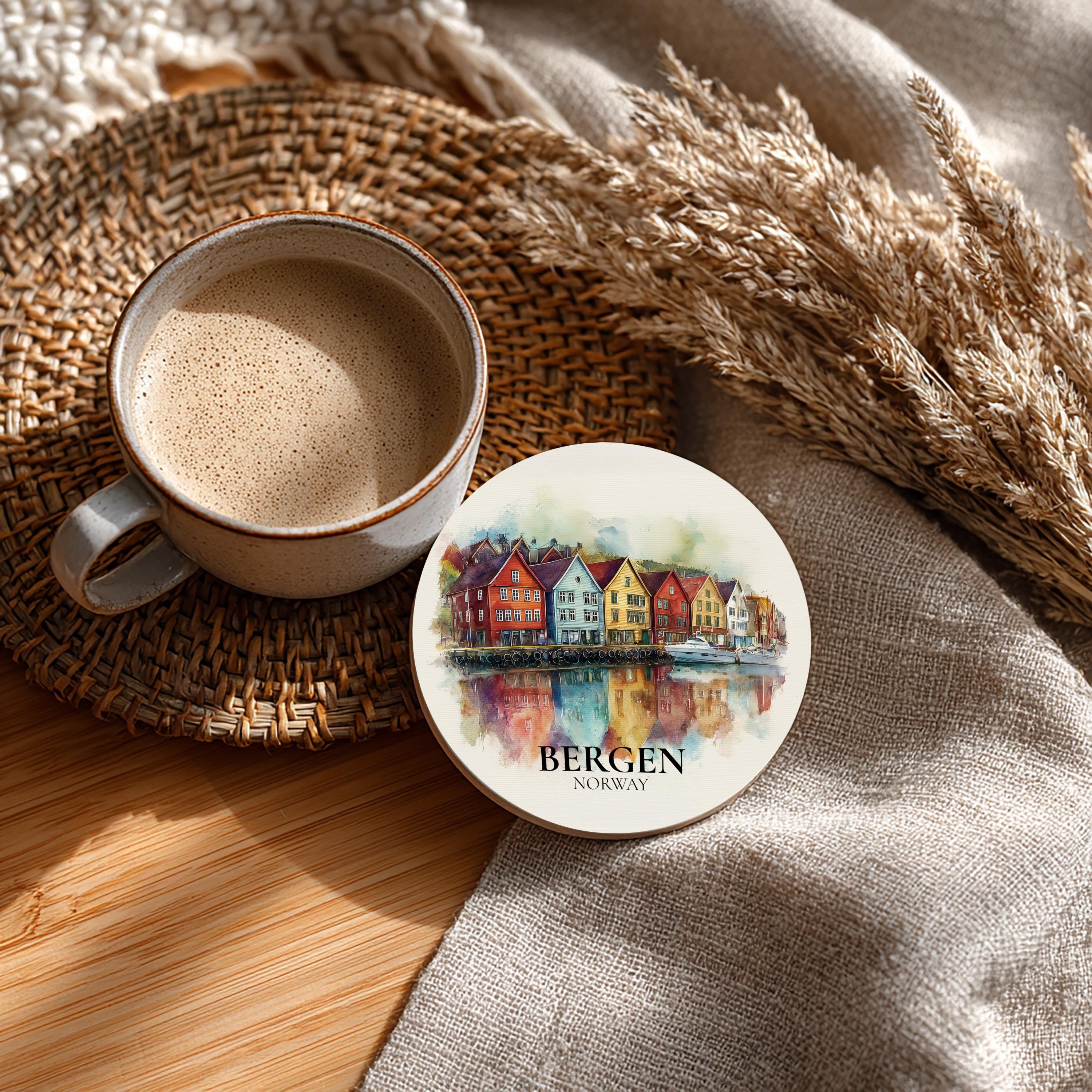 Bergen Norway Coaster, Watercolor Personalized Painting, Travel Gift Souvenir, Home Decor, Ceramic Set