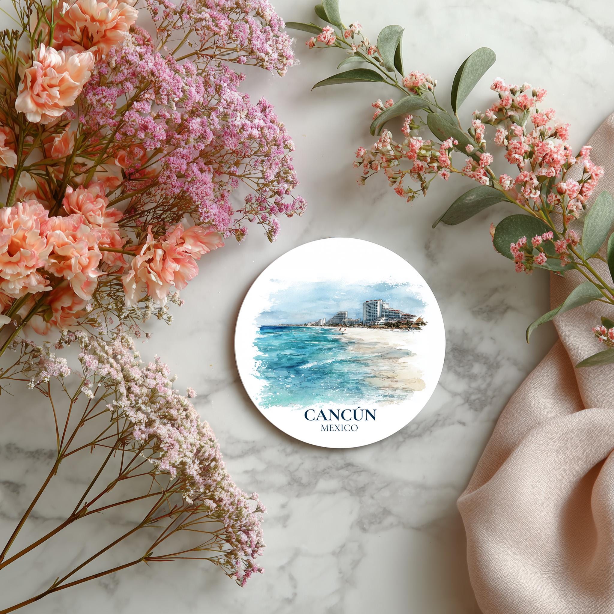Cancun Mexico Coaster, Watercolor Personalized Painting, Travel Gift Souvenir, Home Decor, Ceramic Set