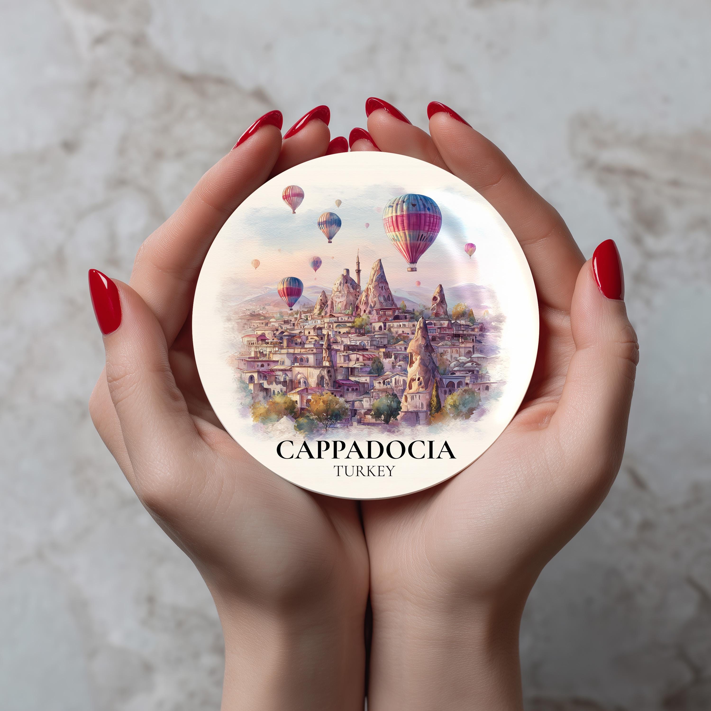 Cappadocia Turkey Coaster, Watercolor Personalized Painting, Travel Gift Souvenir, Home Decor, Ceramic Set