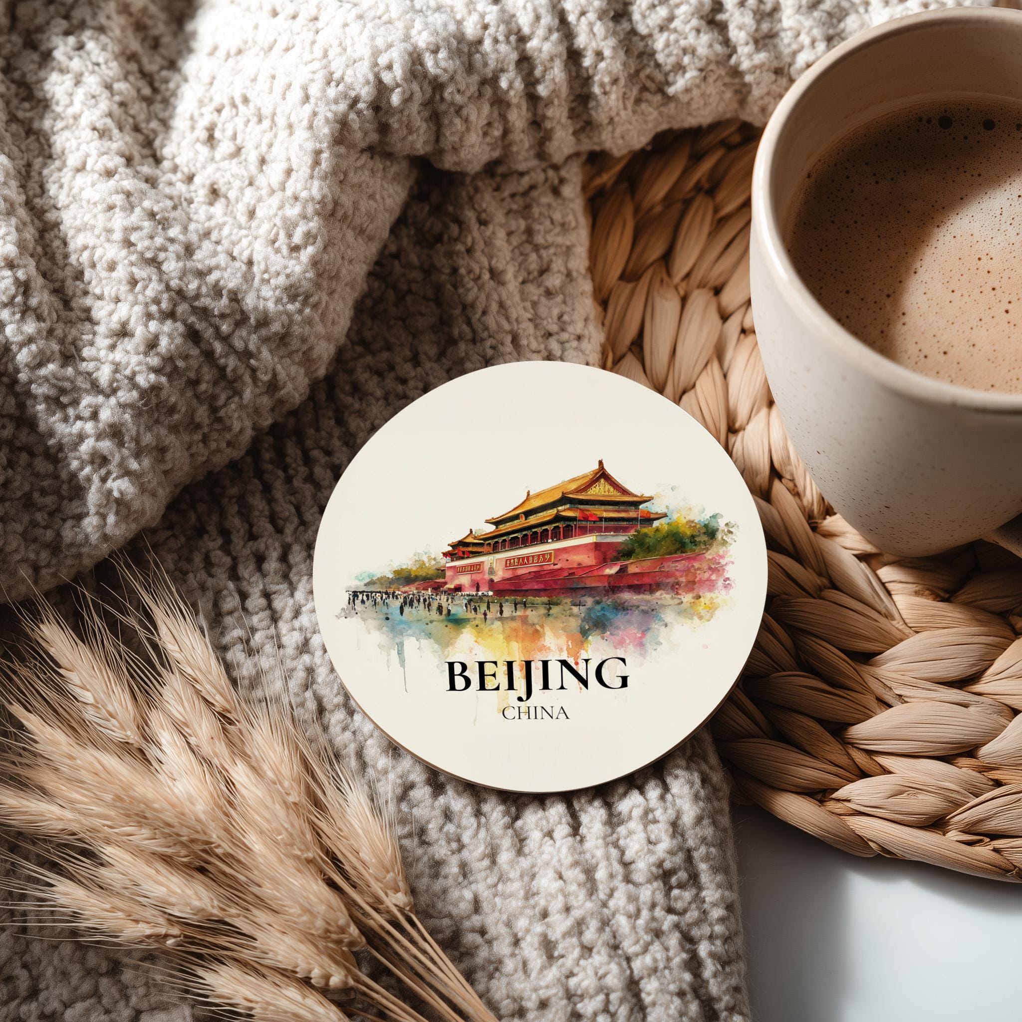 Beijing China Coaster, Watercolor Personalized Painting, Travel Gift Souvenir, Home Decor, Ceramic Set