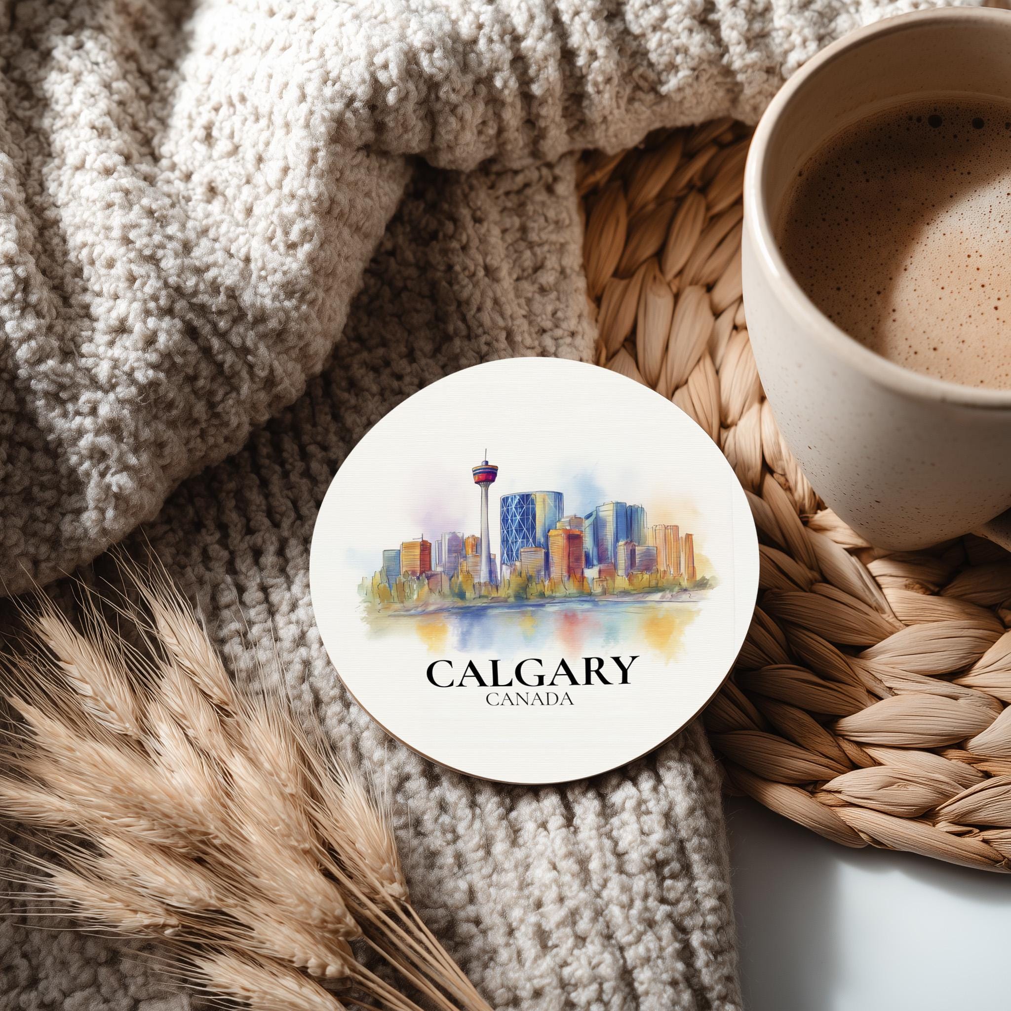 Calgary Alberta Coaster, Watercolor Personalized Painting, Travel Gift Souvenir, Home Decor, Ceramic Set